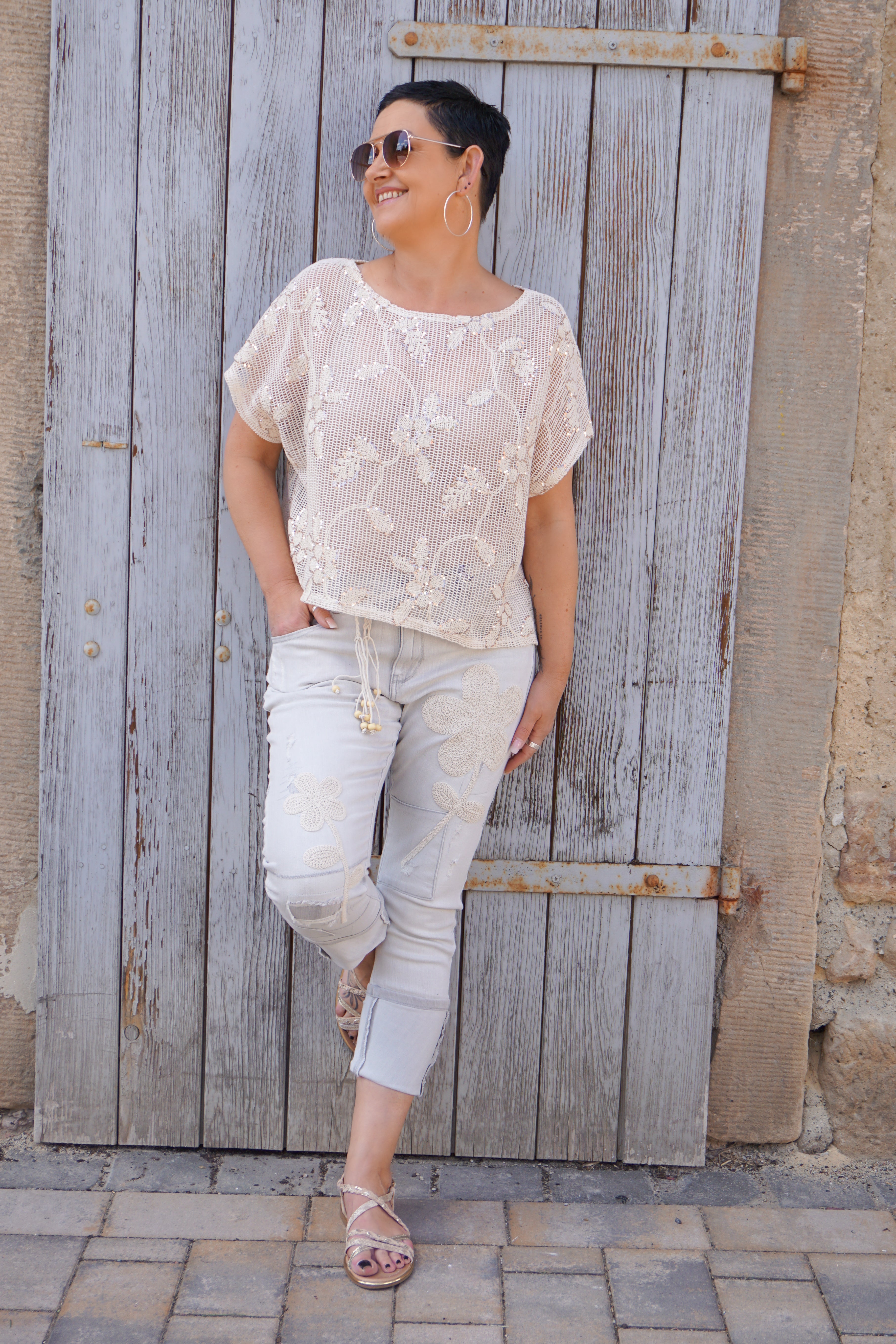 Zweite Wahl - Kurzarm Häkelshirt "Flowers" - Vom Umtausch ausgeschlossen