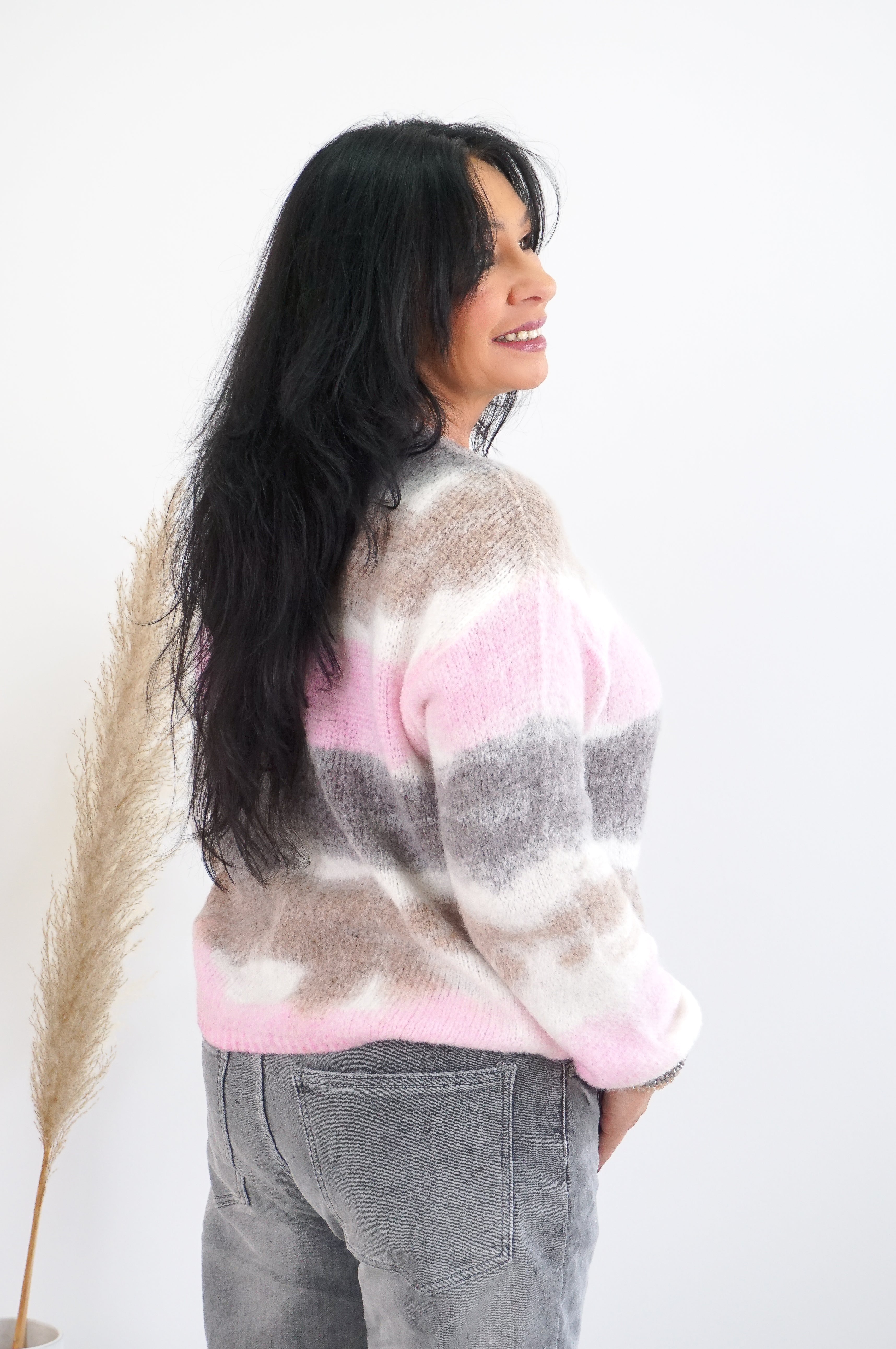 Strickpulli mit verspieltem Print, taupe/beige/rosa