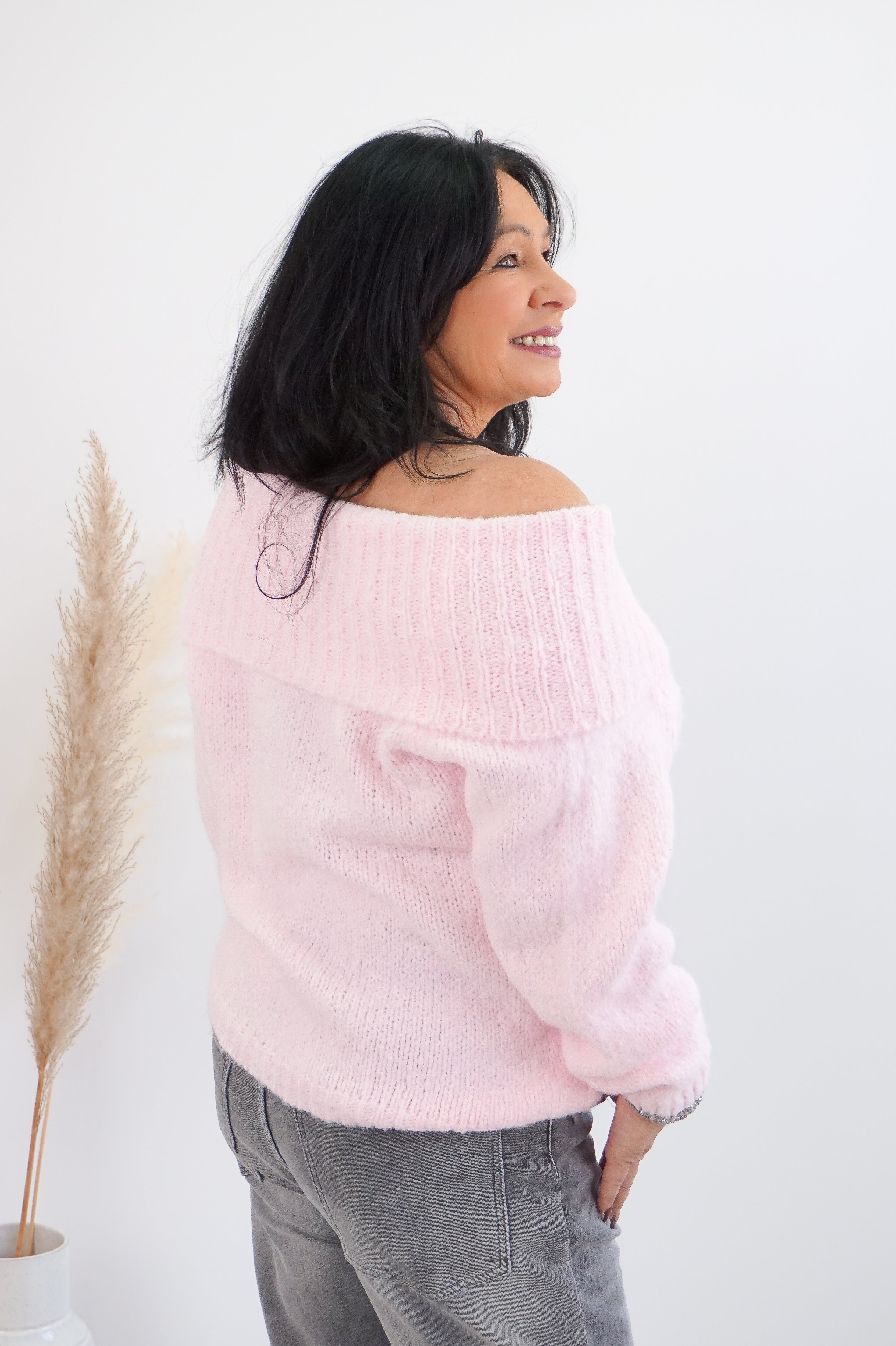 Off-Shoulder Strickpulli, rosa