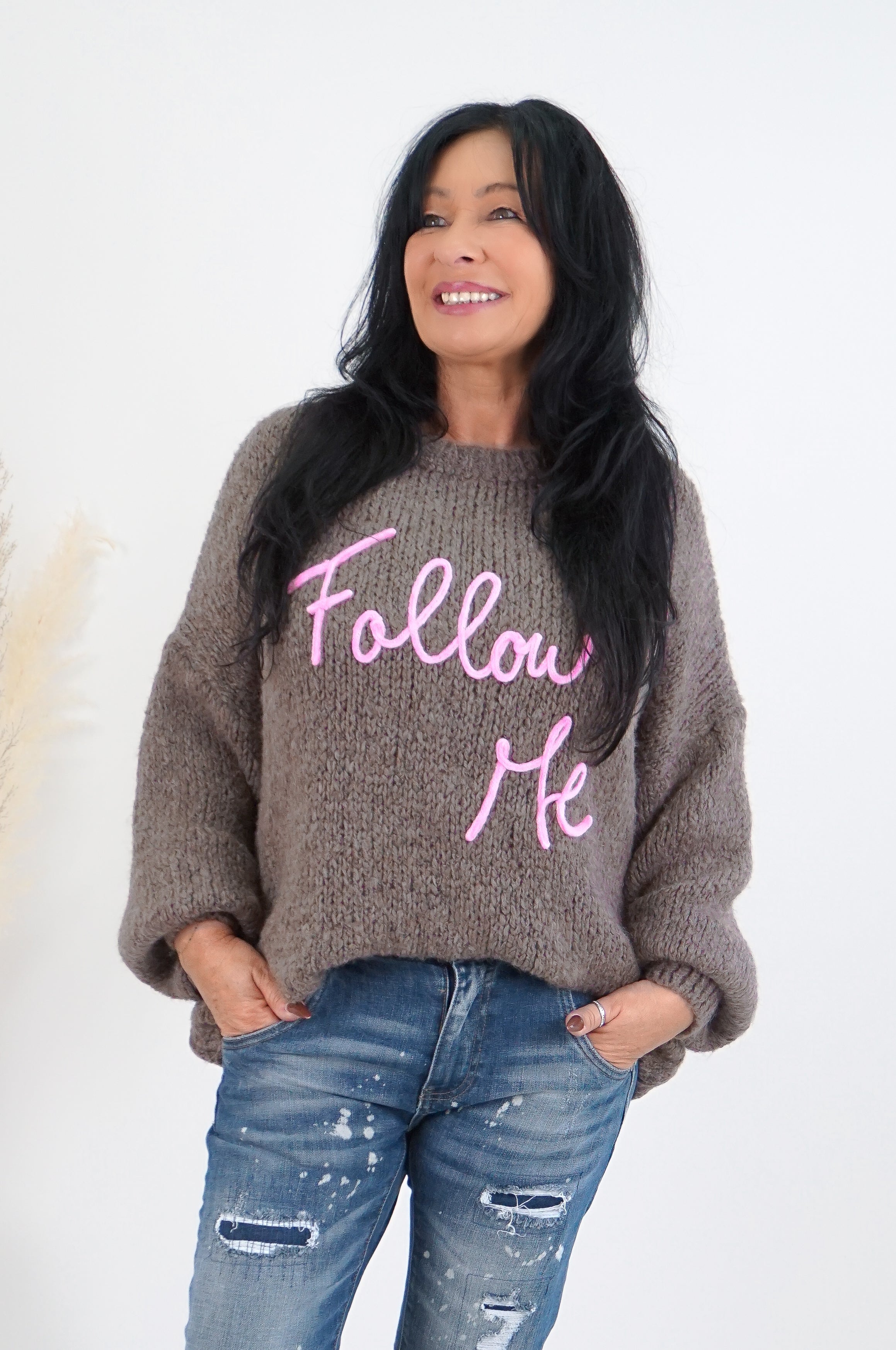 Strickpulli "Follow me", taupe/ candy pink