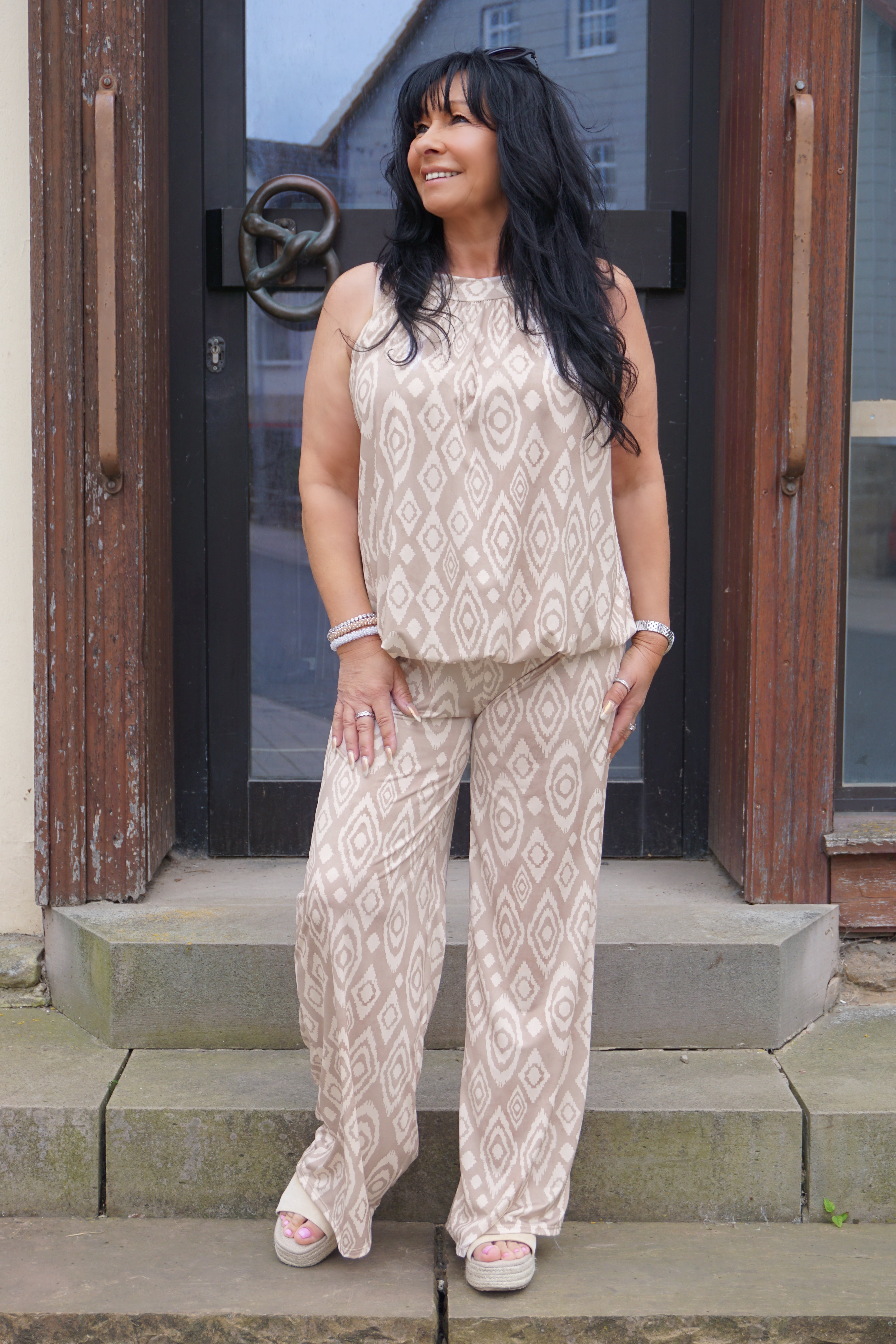 Zweiteiler Kofferhose mit Print, beige