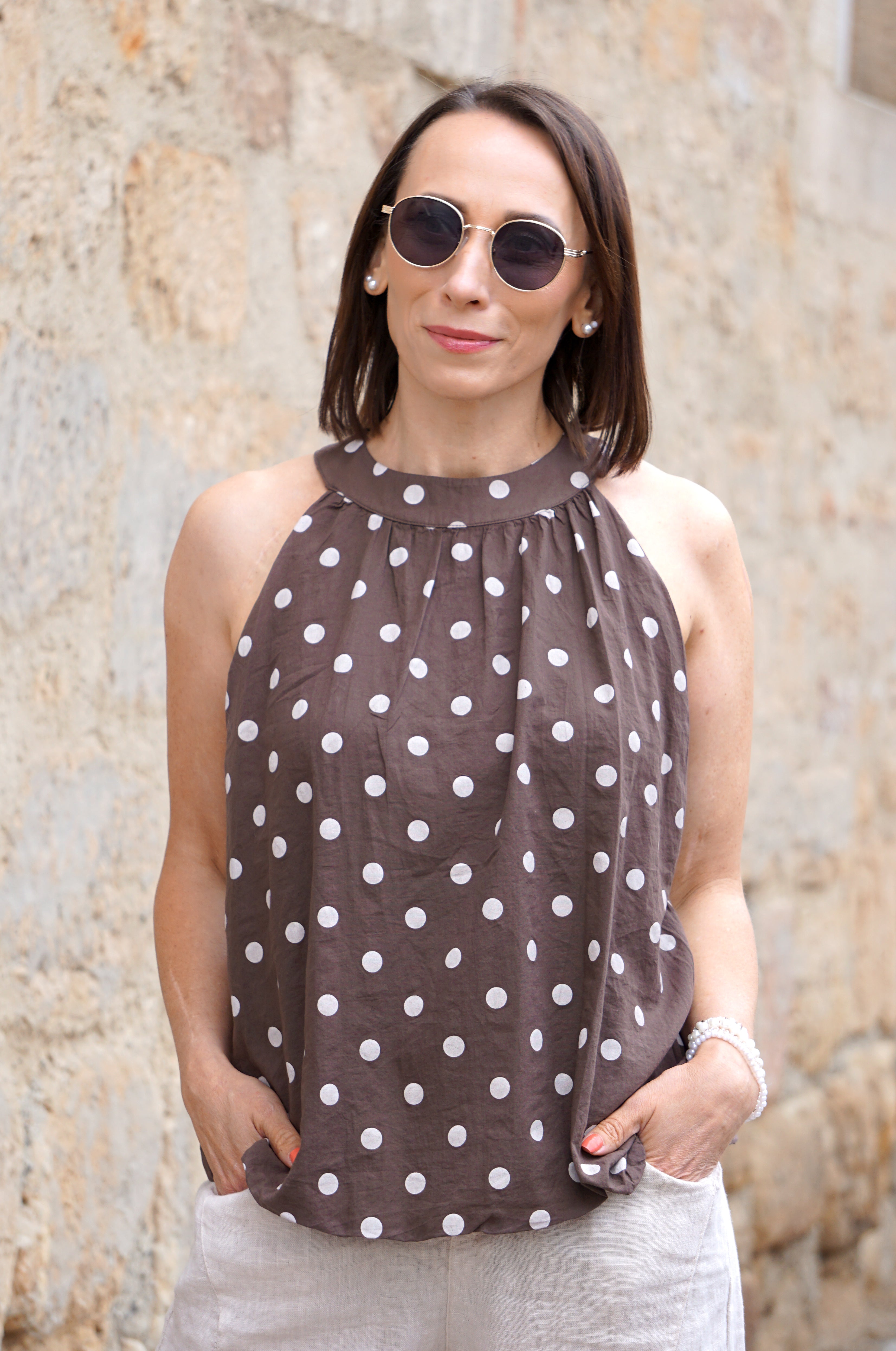 Ballon Top mit Polka Dots, schokobraun