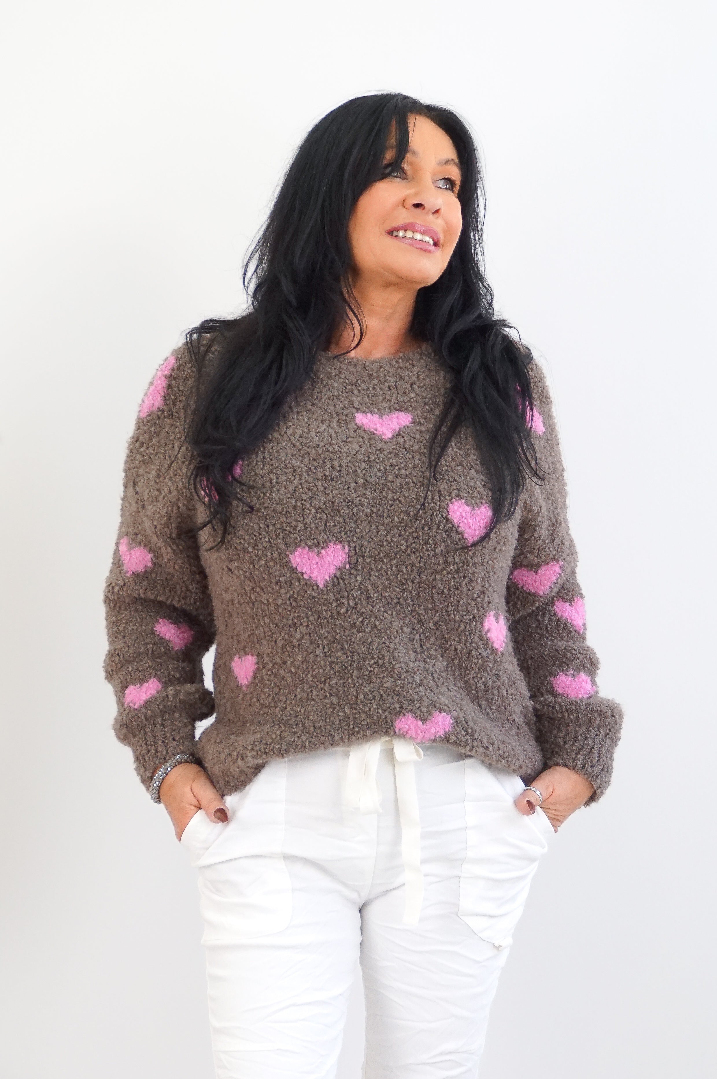 Boucle Strickpulli „little hearts“, taupe/candy pink