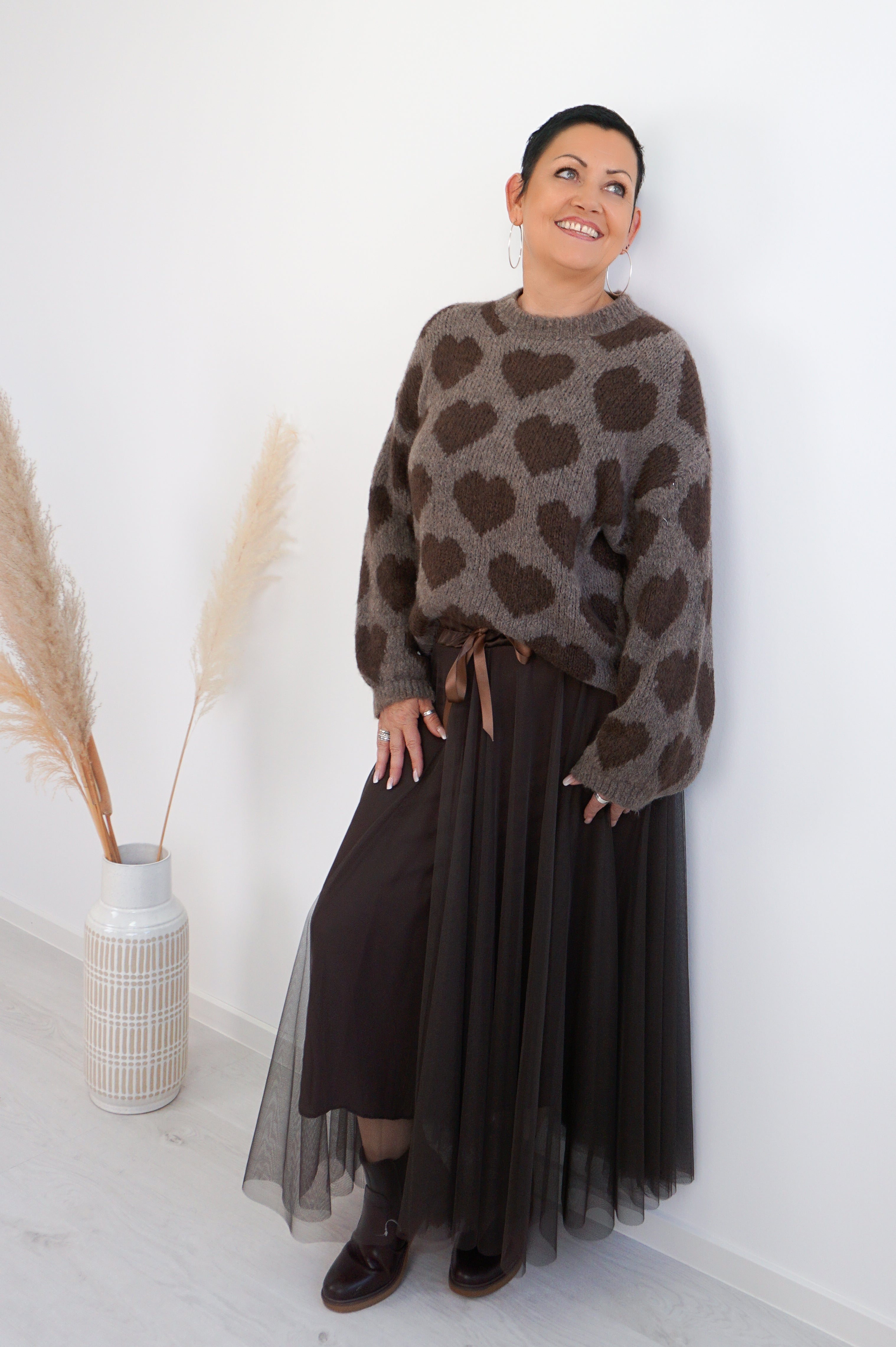 Strickpulli „hearts“, taupe/schokobraun