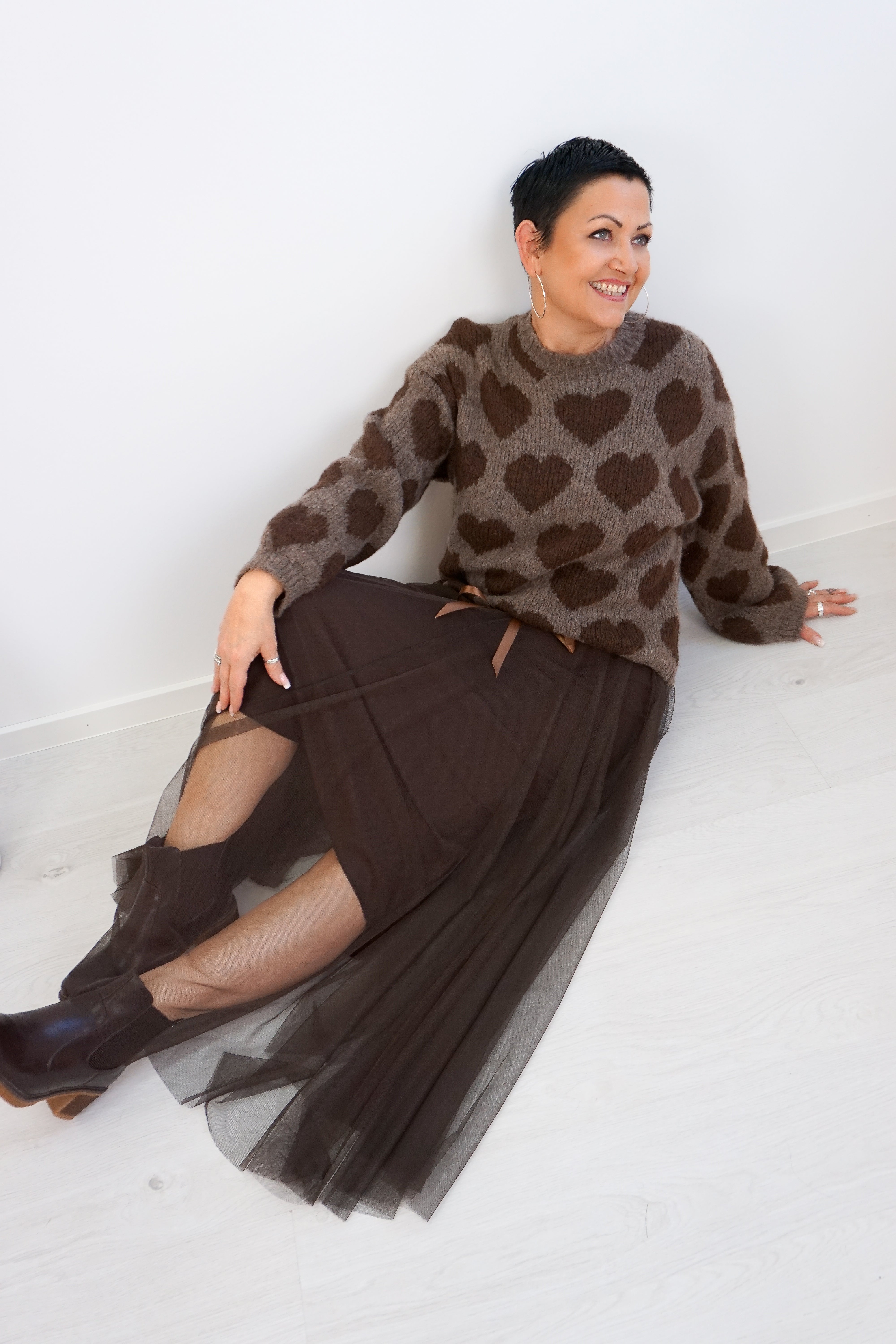 Strickpulli „hearts“, taupe/schokobraun