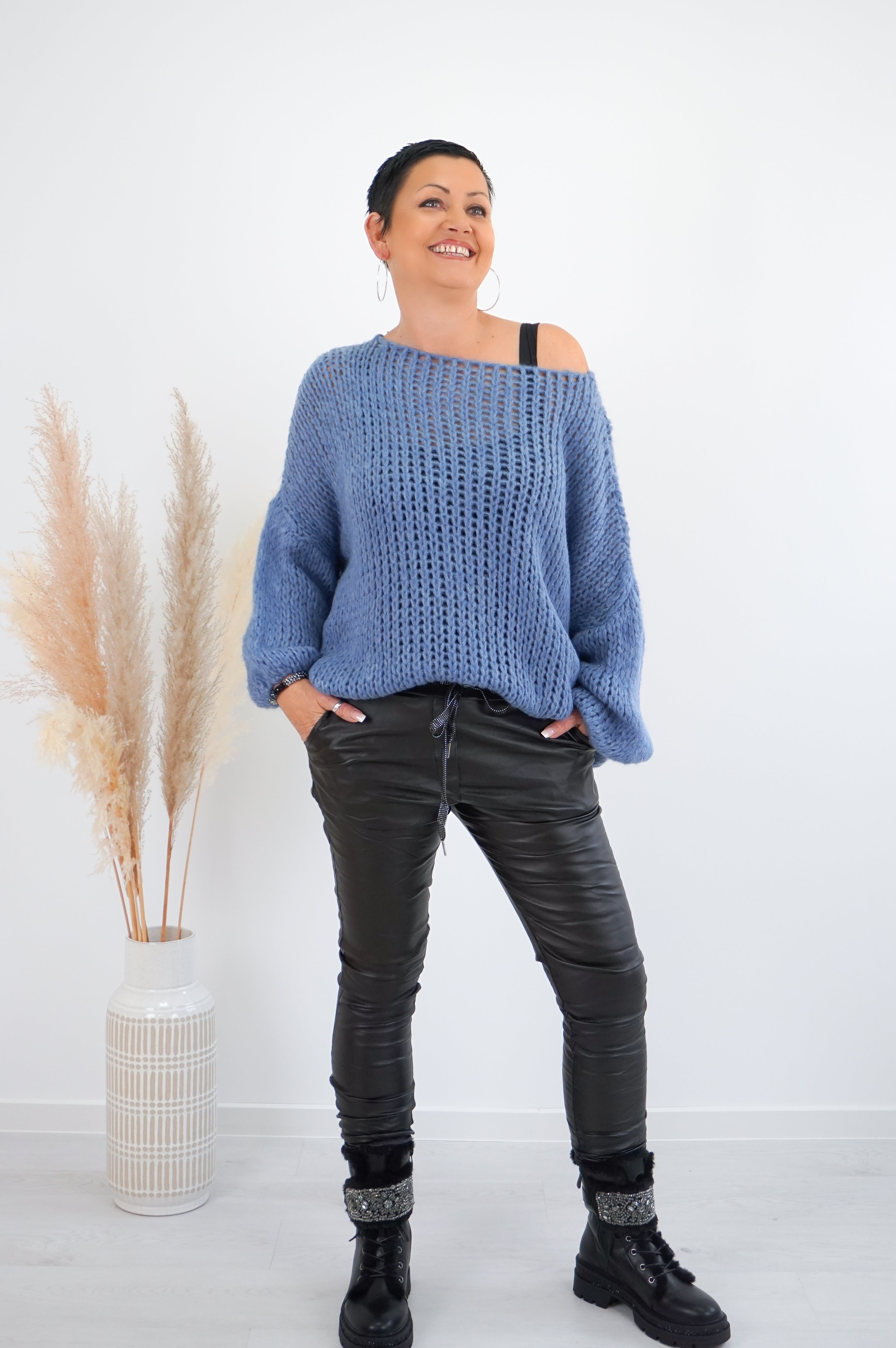 Grober Basic Strickpulli, jeansblau