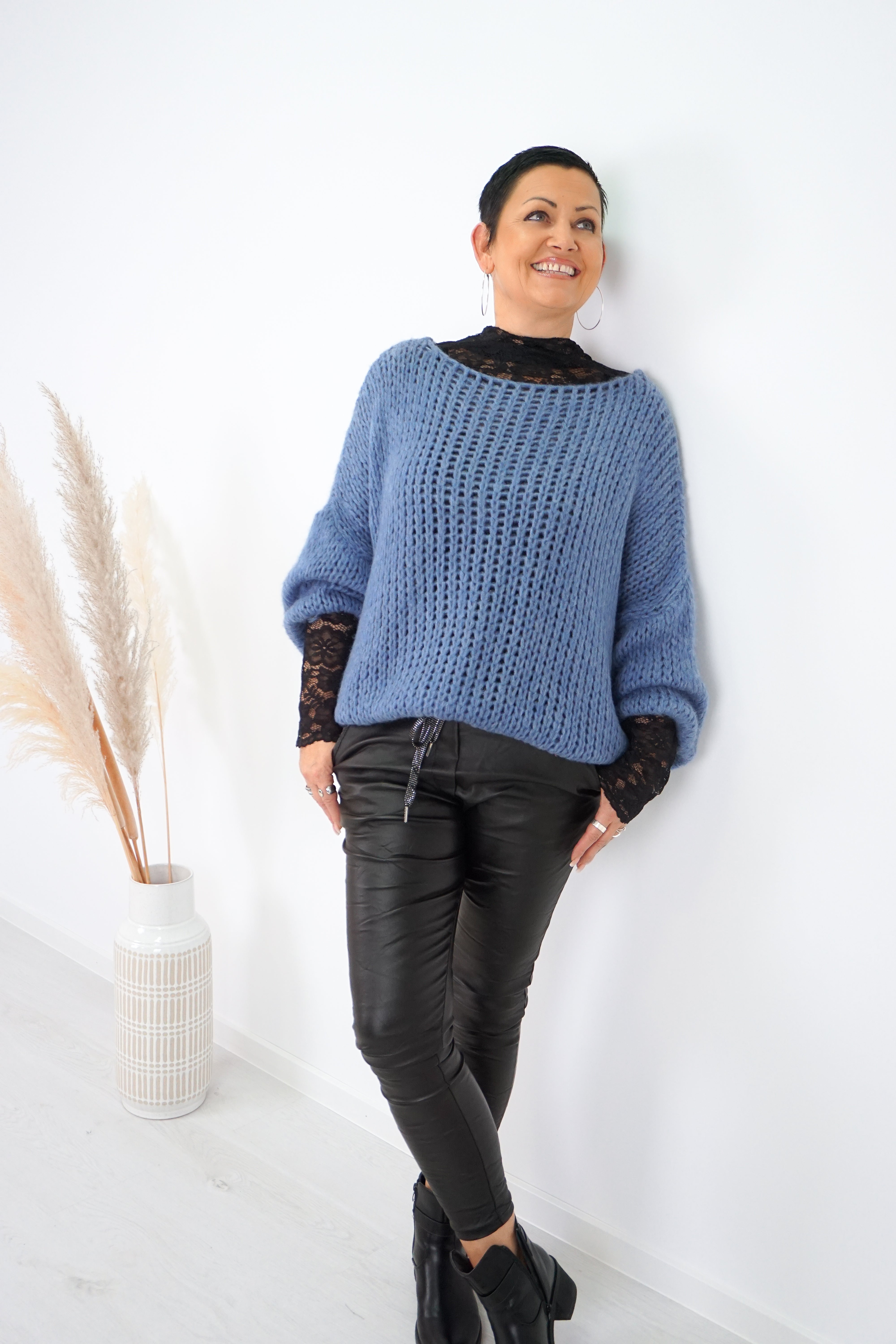 Grober Basic Strickpulli, jeansblau