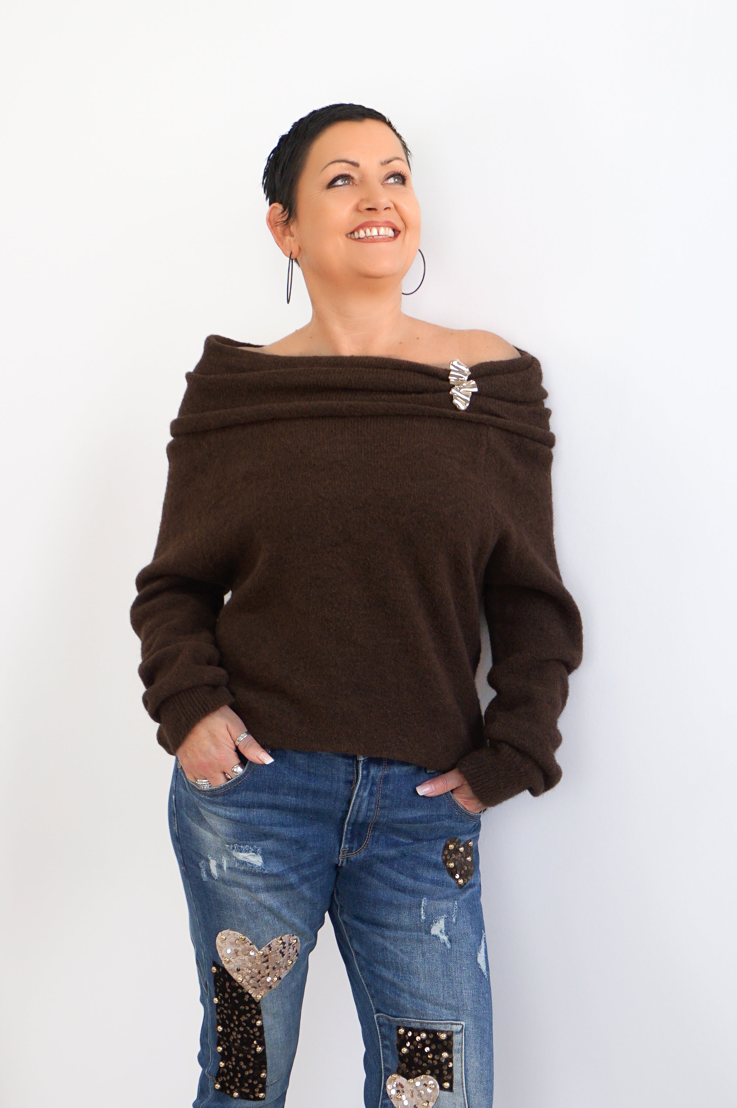 Off-Shoulder Strickpulli, schokobraun