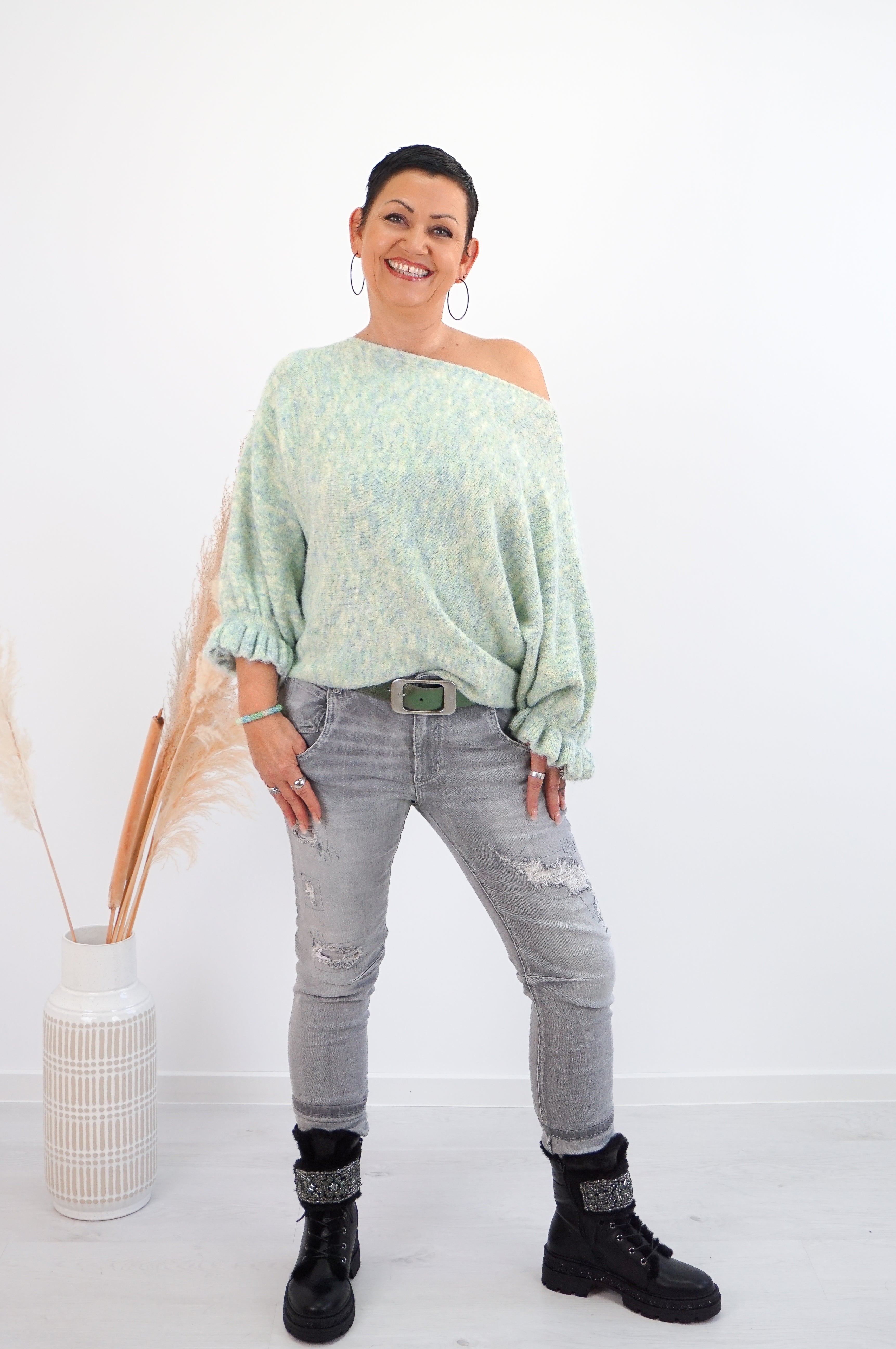 Strickpulli mit überschnitten Ärmeln, grün/blau