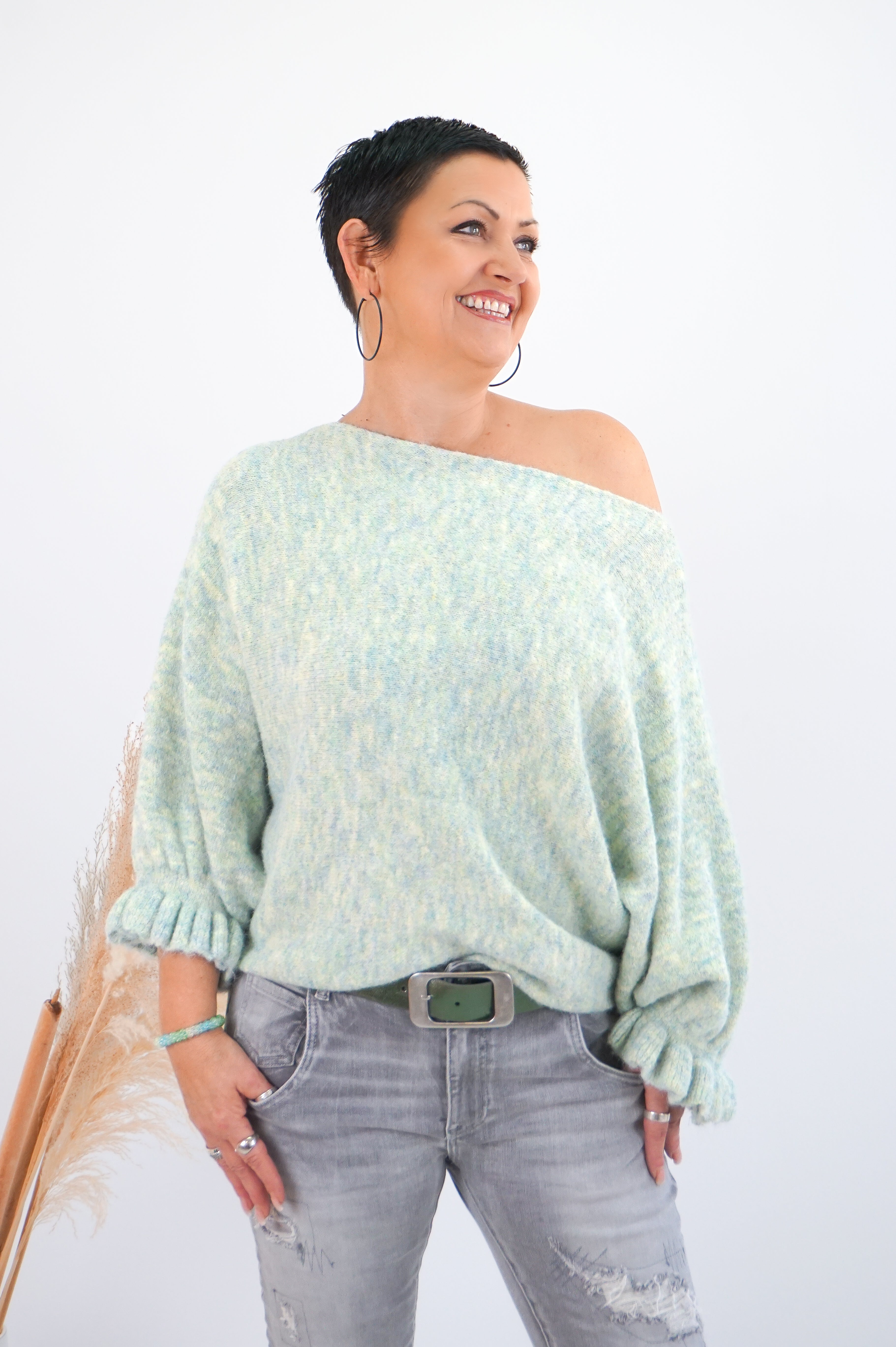 Strickpulli mit überschnitten Ärmeln, grün/blau