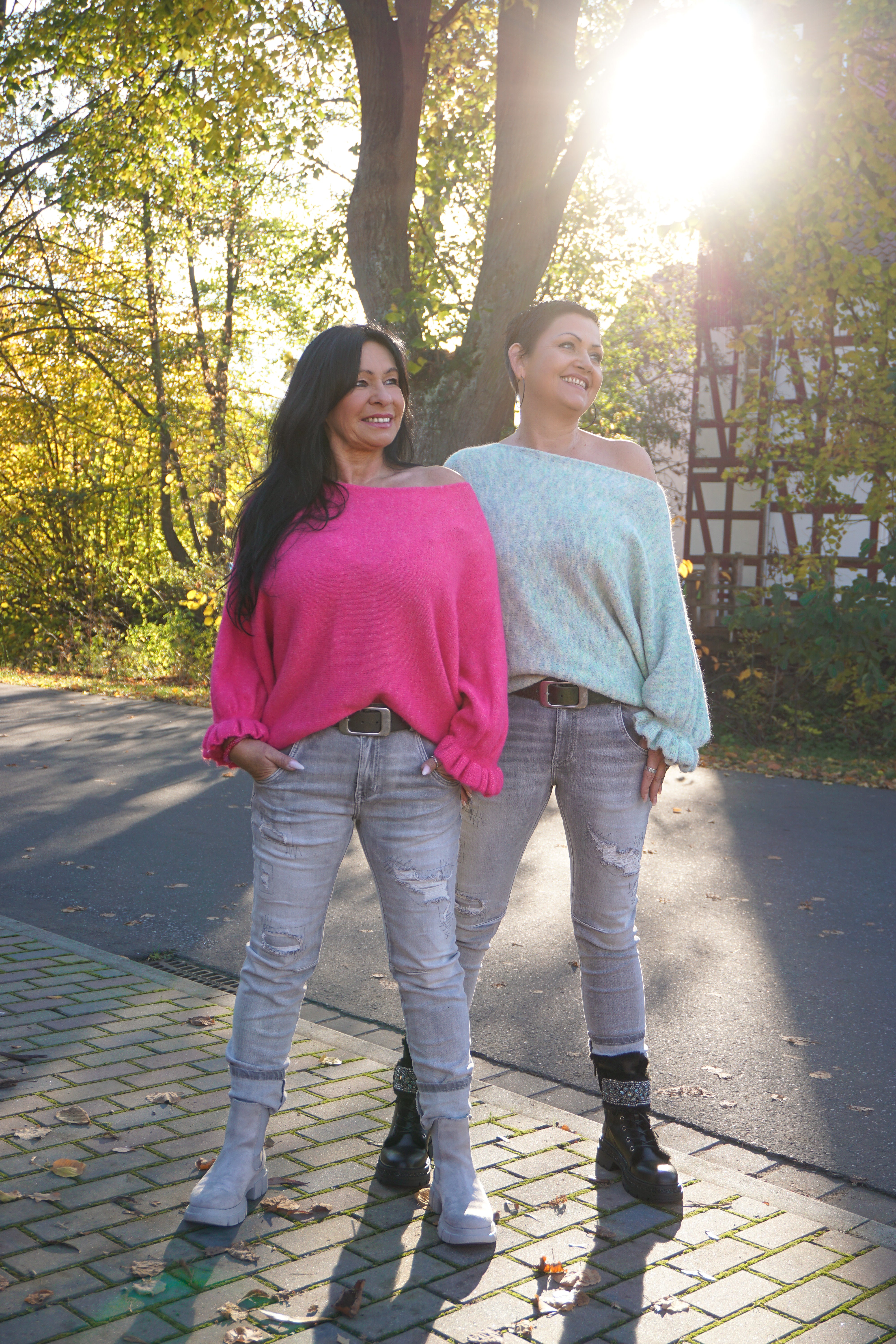 Strickpulli mit überschnitten Ärmeln, grün/blau