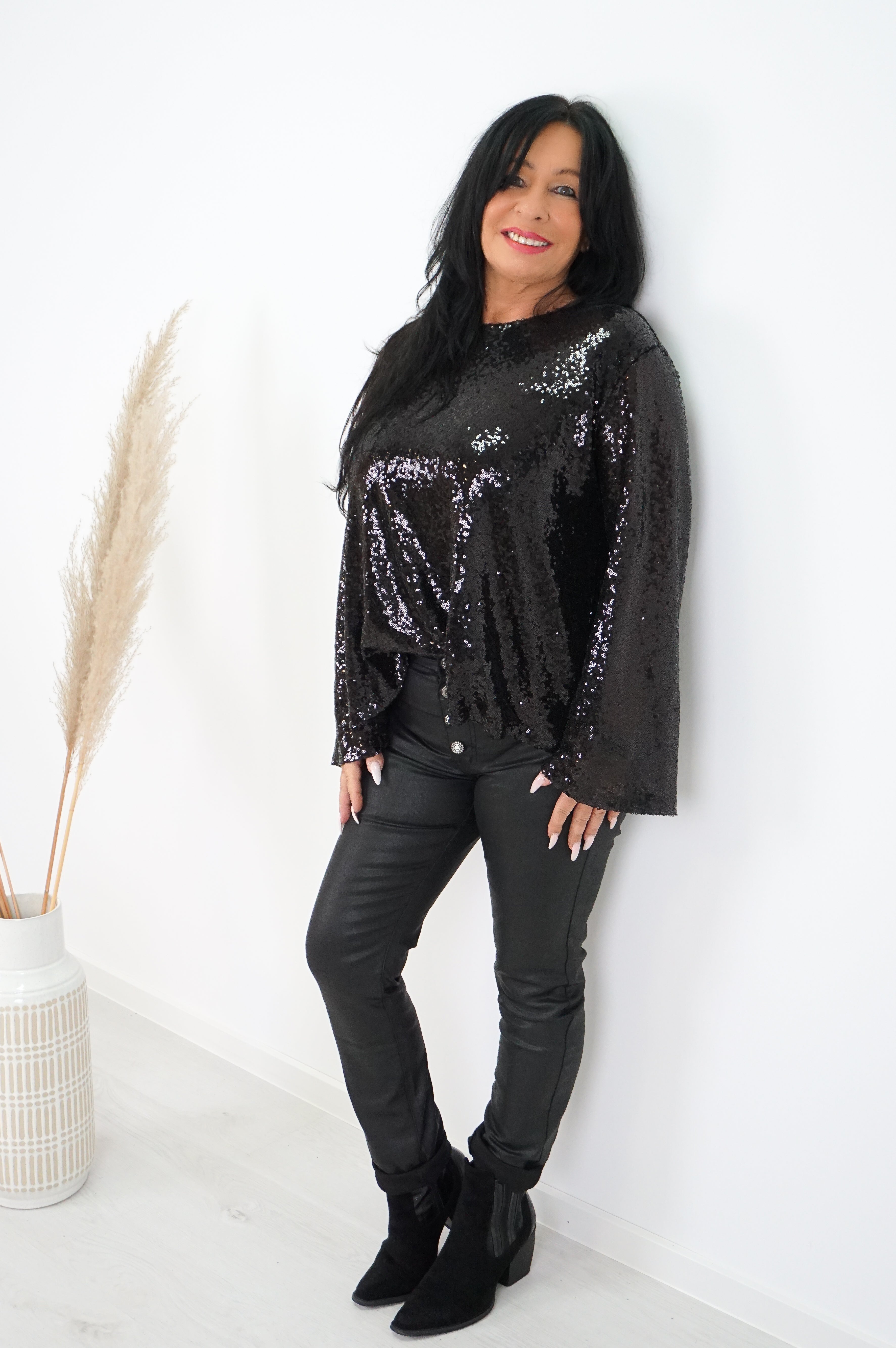 Bluse mit Pailletten und Schleife, schwarz