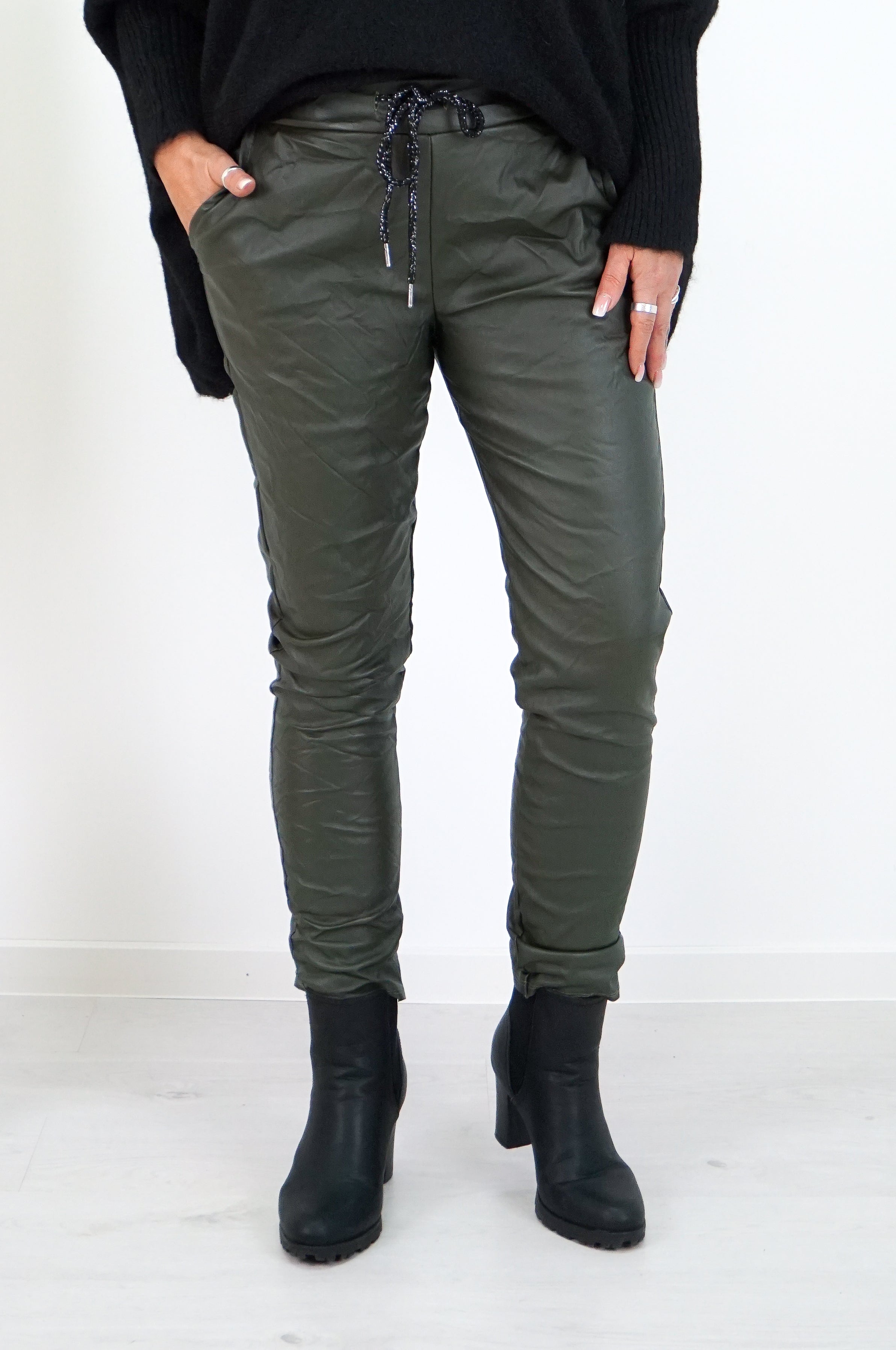 Lederimitat Jogpant , khaki