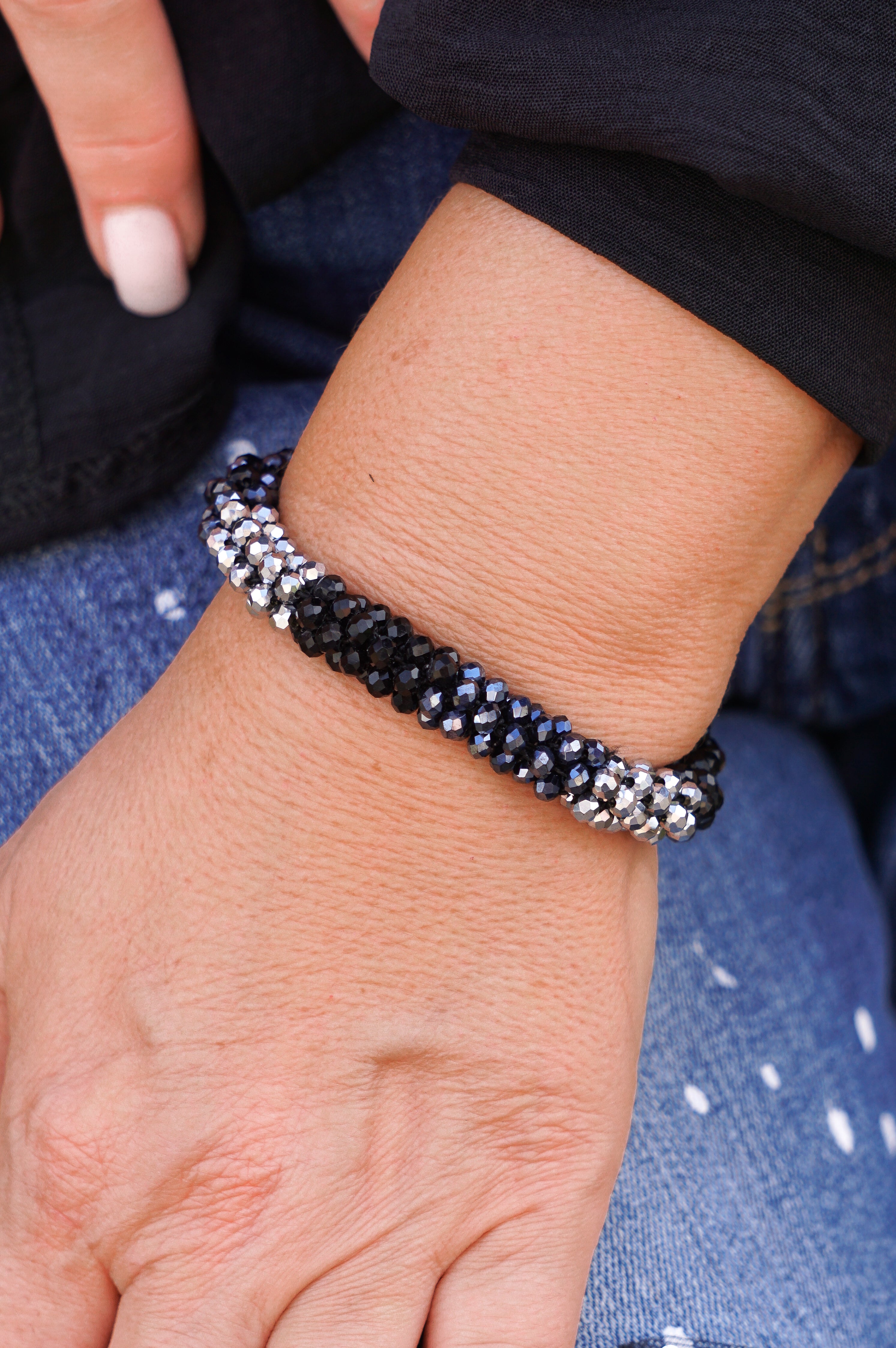 Perlenarmband, schwarz/dunkelblau/silber