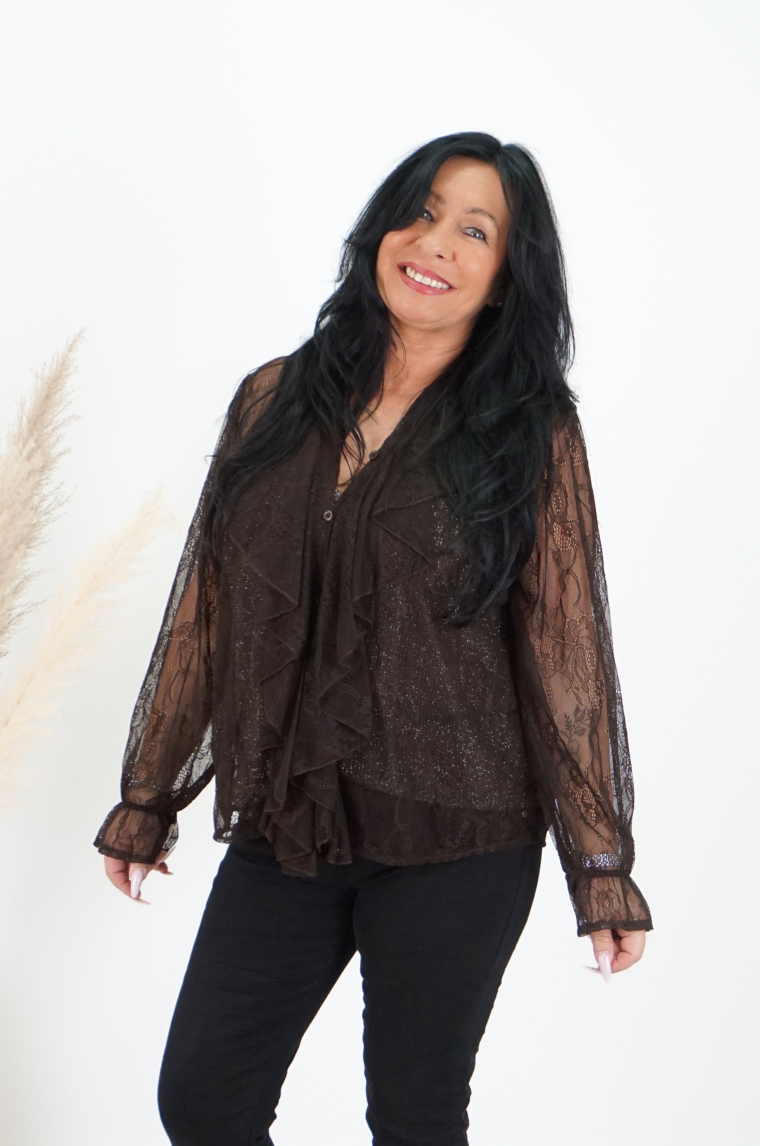 Spitzenbluse mit Volants, schokobraun