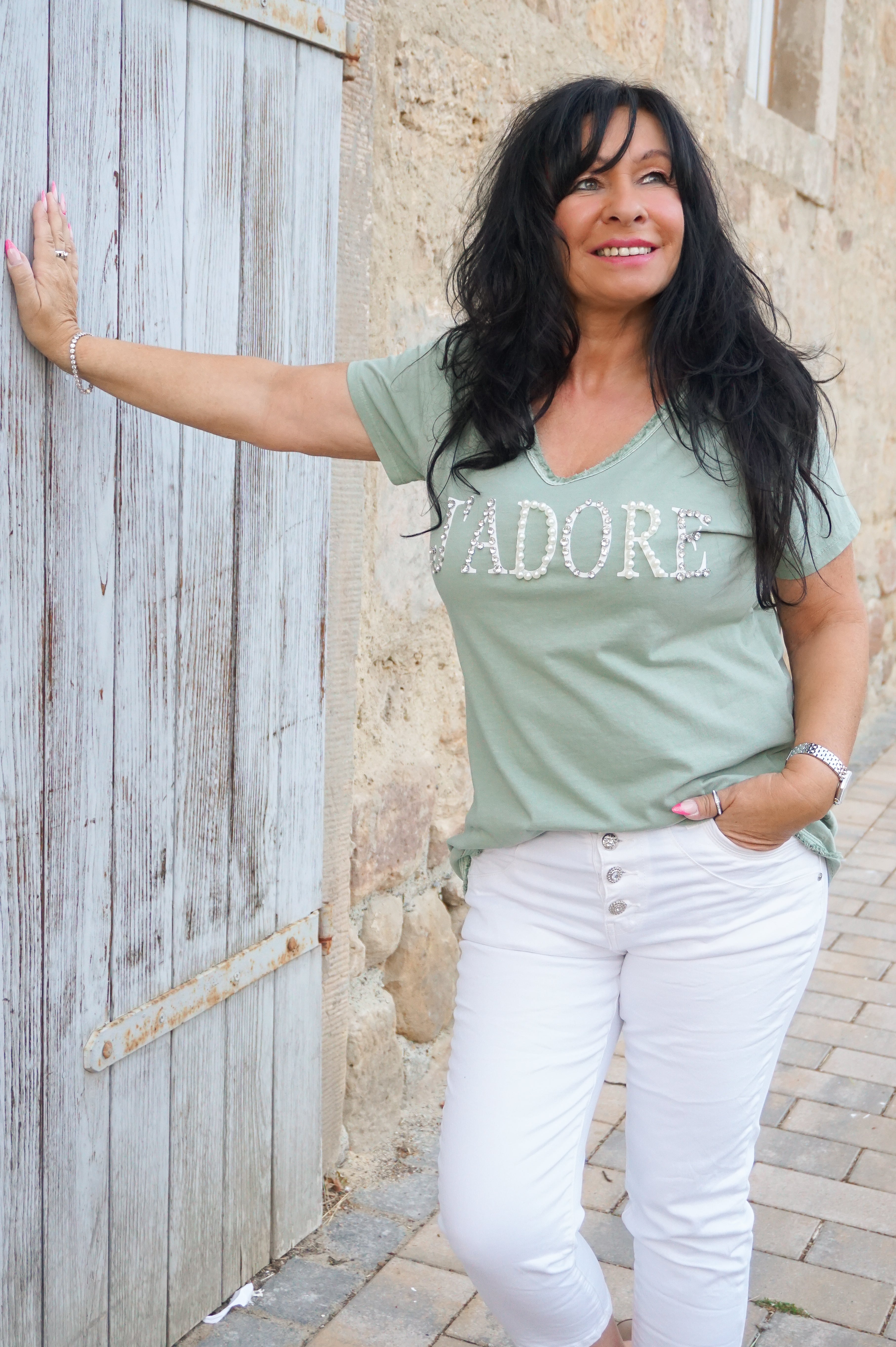 T-Shirt "glamour J'ADORE", pistazie