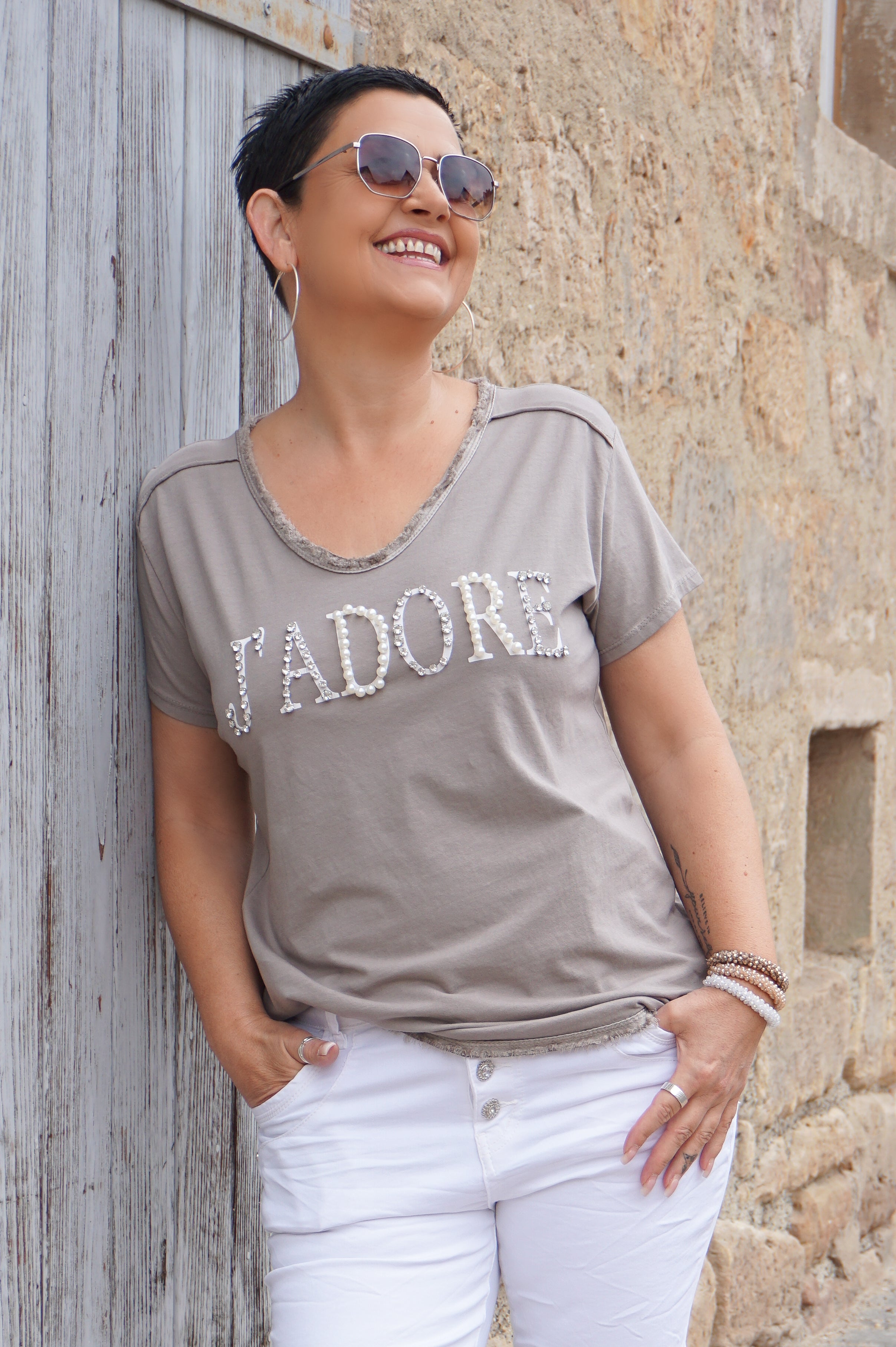 T-Shirt "glamour J'ADORE", taupe