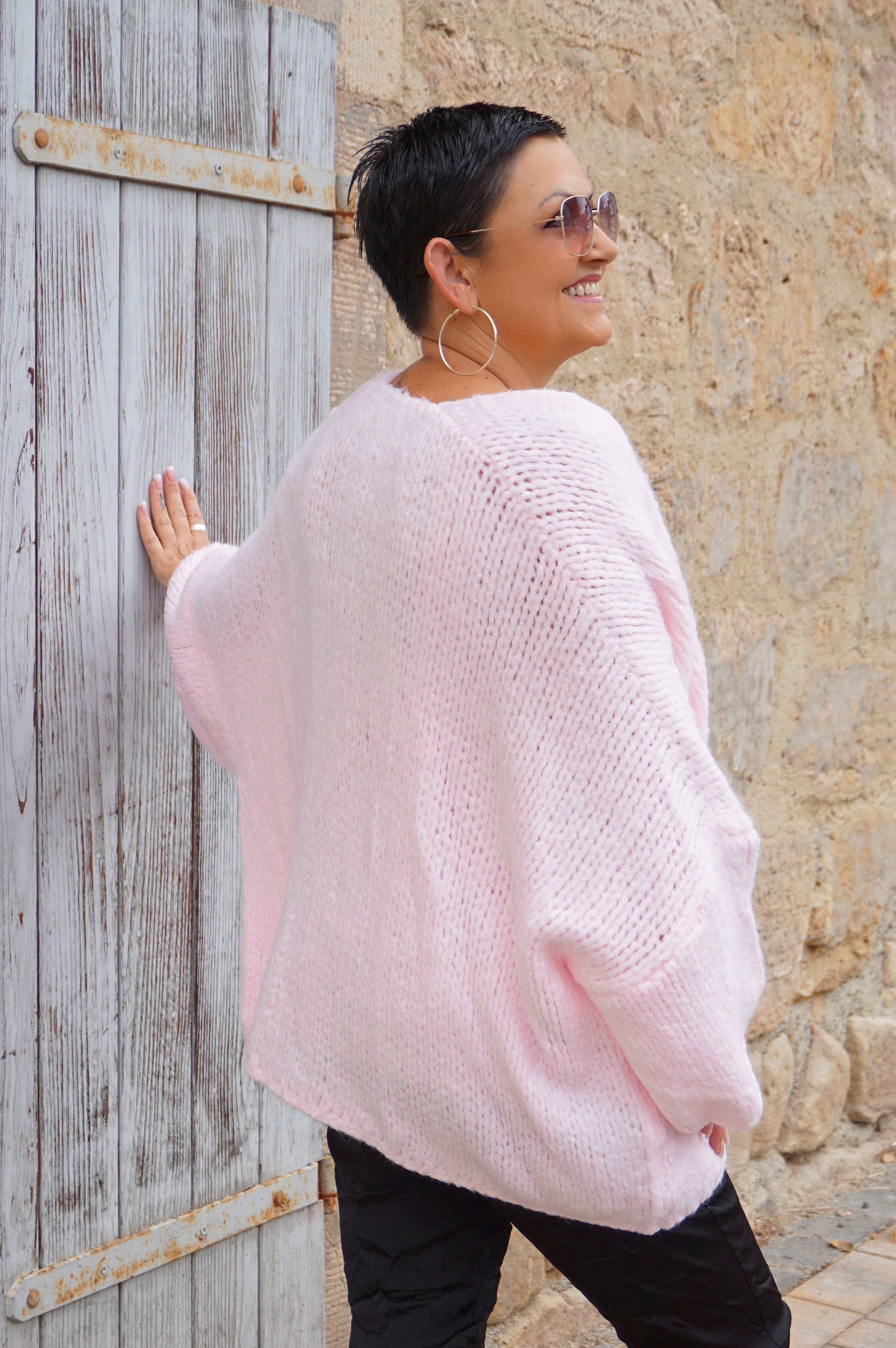 Basic Grobe Strickjacke mit offenem Fall, rosa