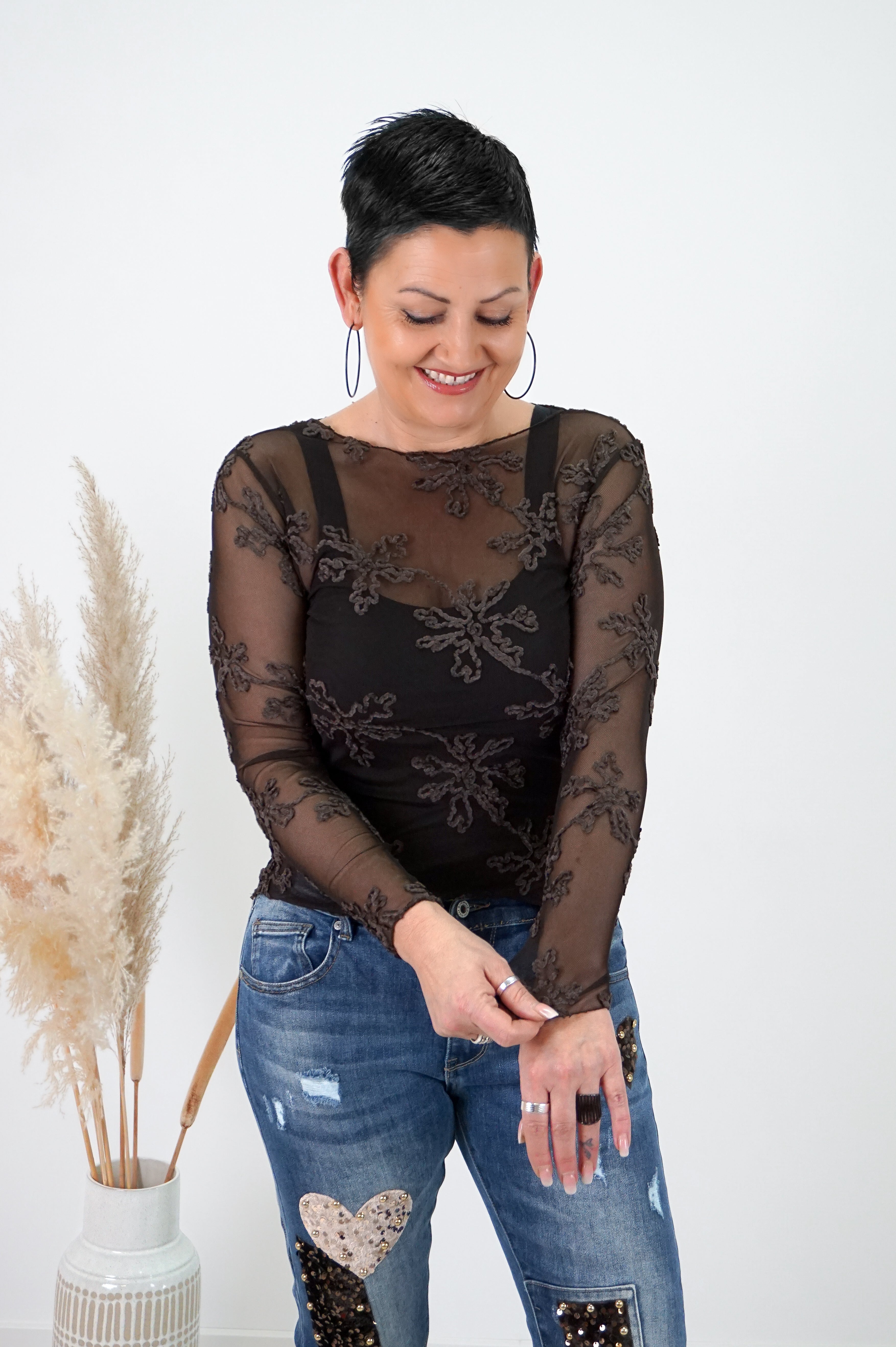 Netzshirt mit 3D Samtblumen, schokobraun