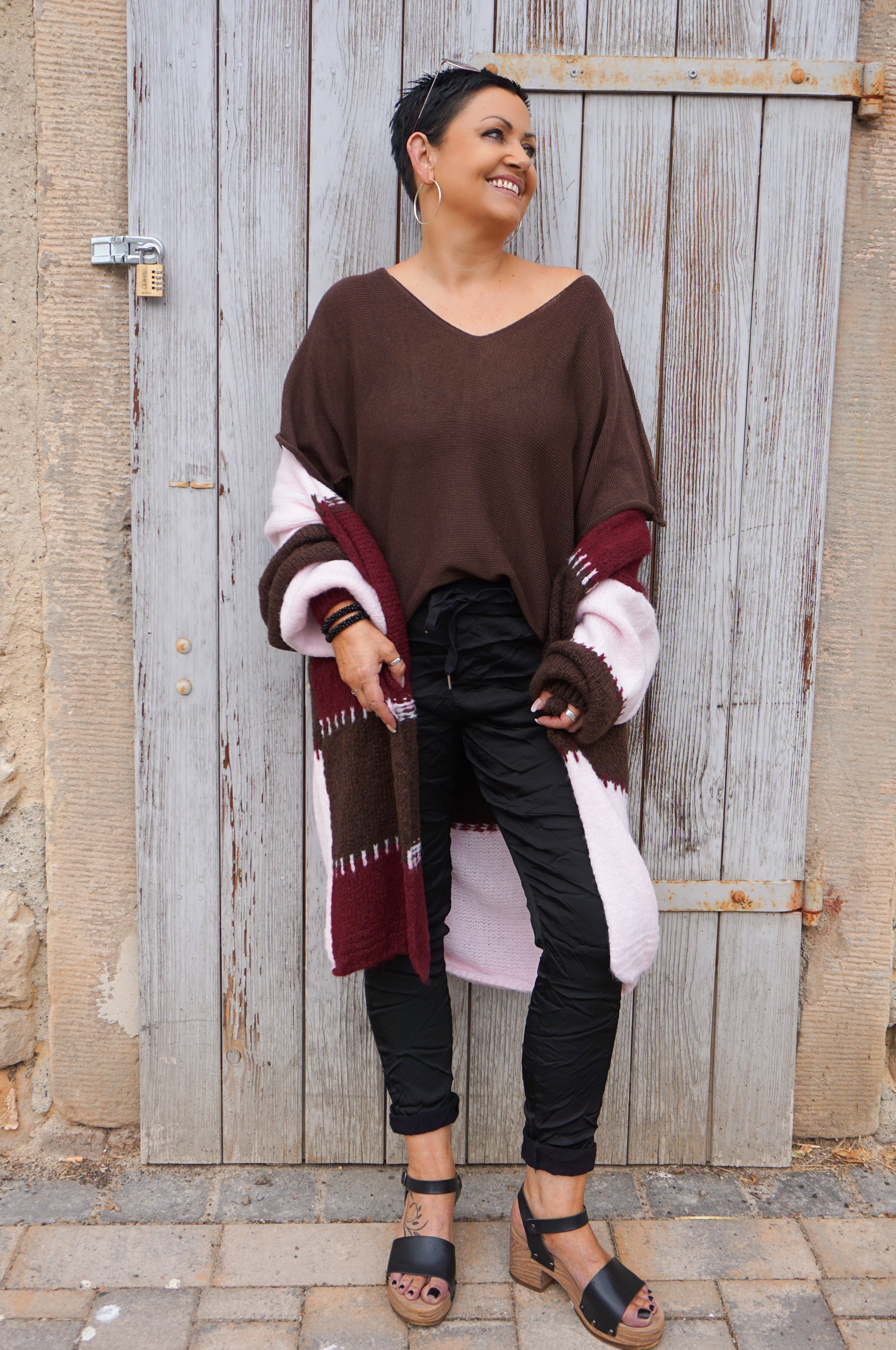Strickjacke "tricolore", bordeaux/rosa/schokobraun