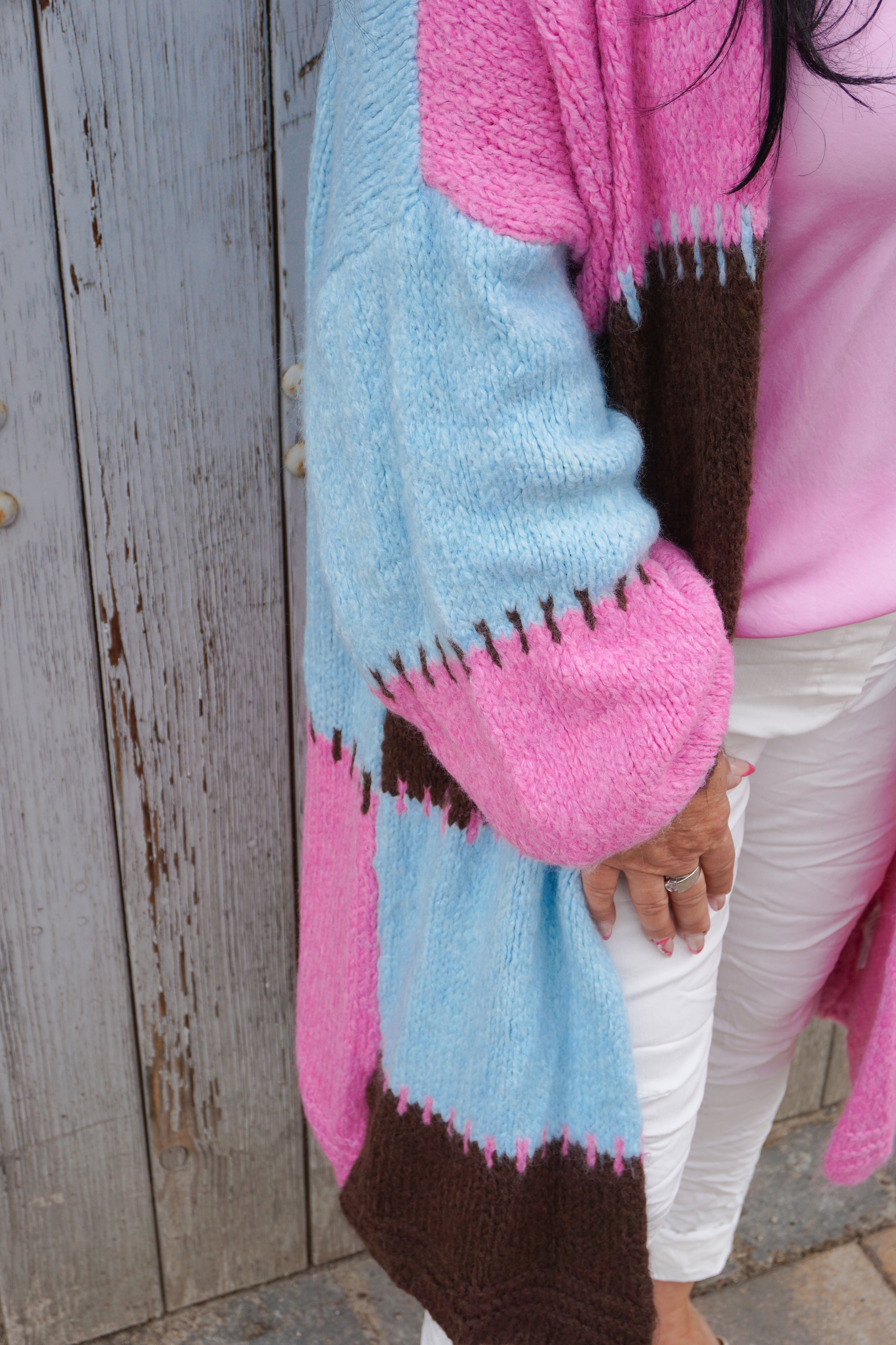 Strickjacke "tricolore", candy pink/hellblau/schokobraun