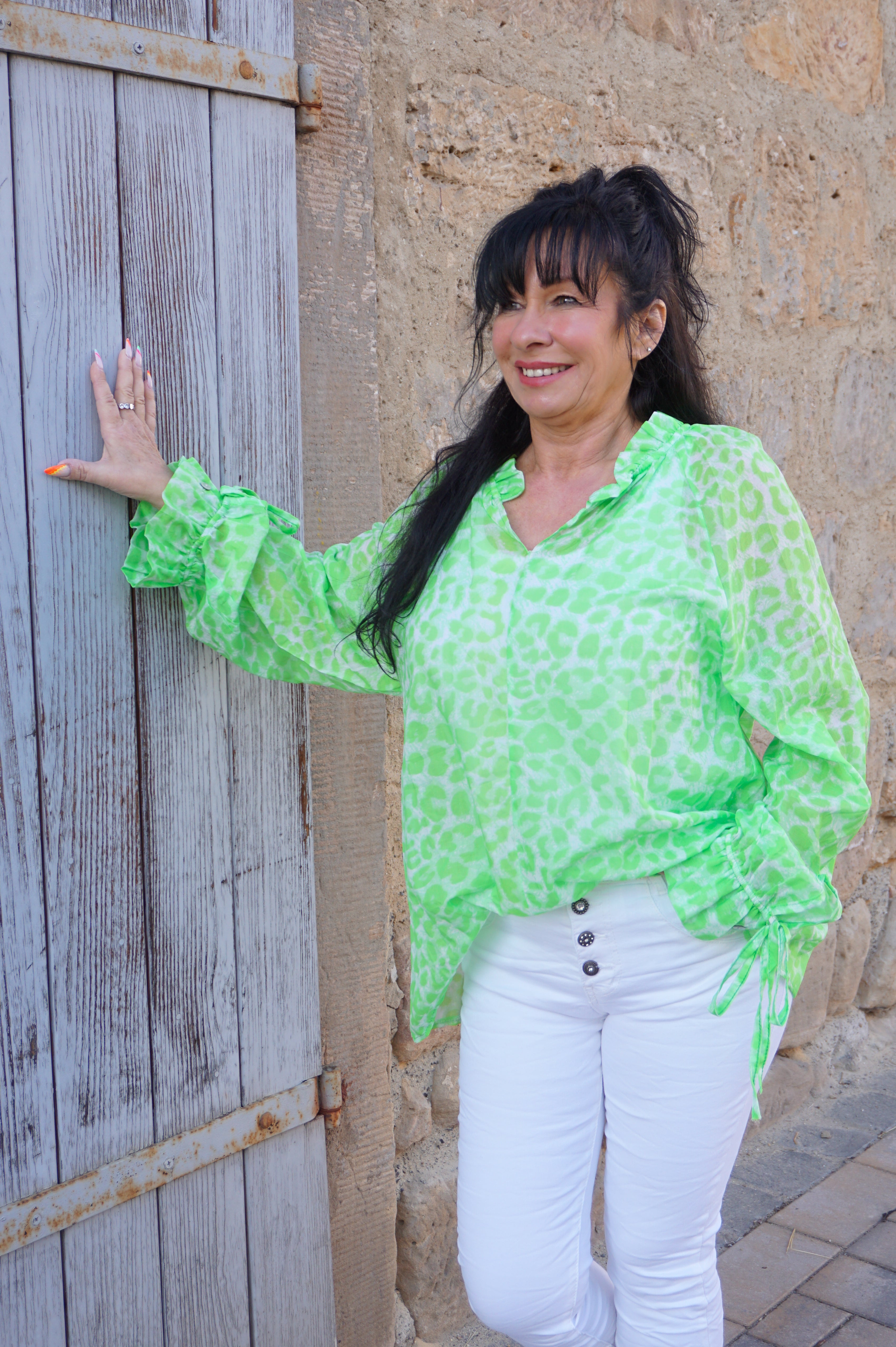 Leichte Bluse mit Leo Print, apfelgrün