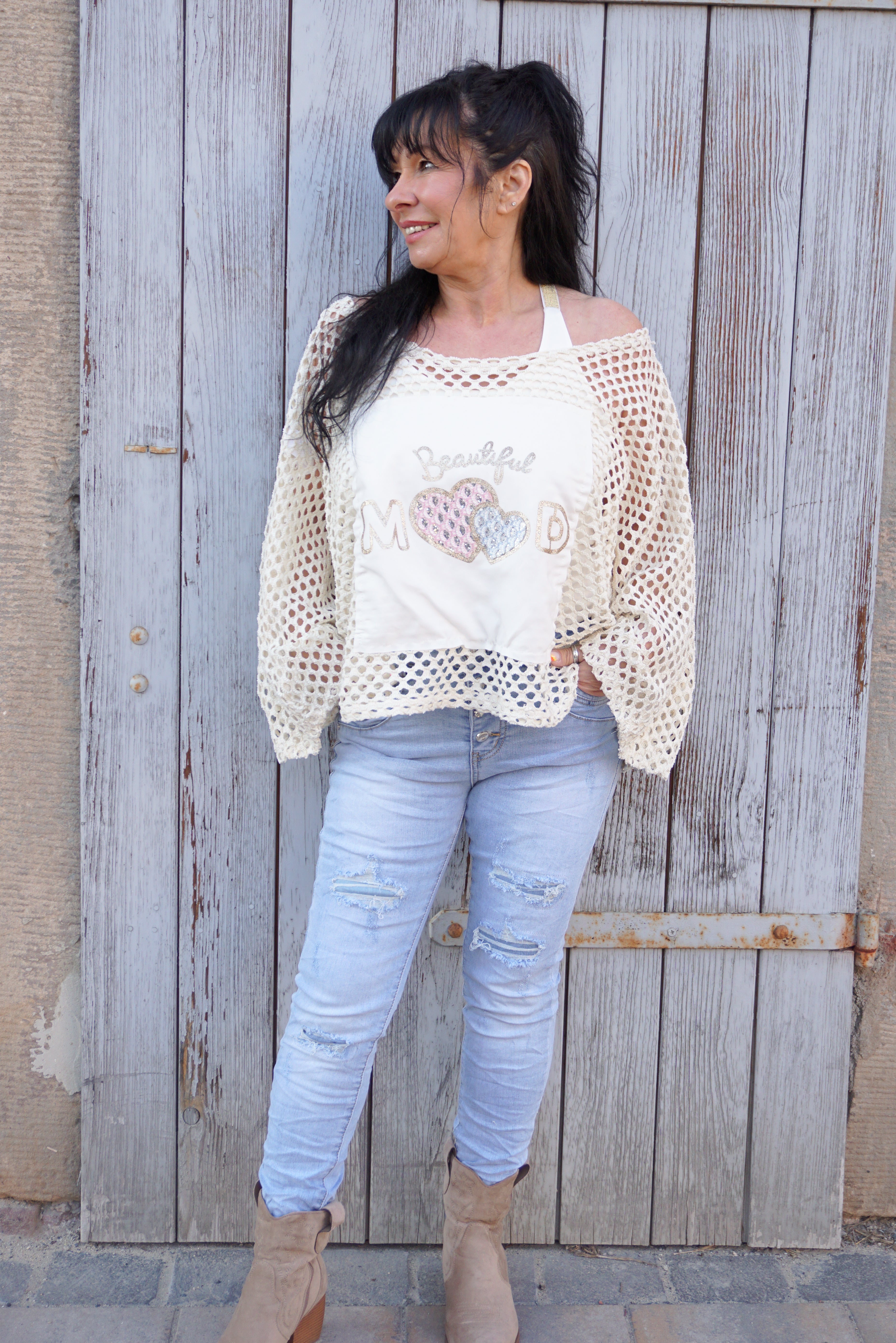 Jewelly Jeans mit unterlegten Rissen
