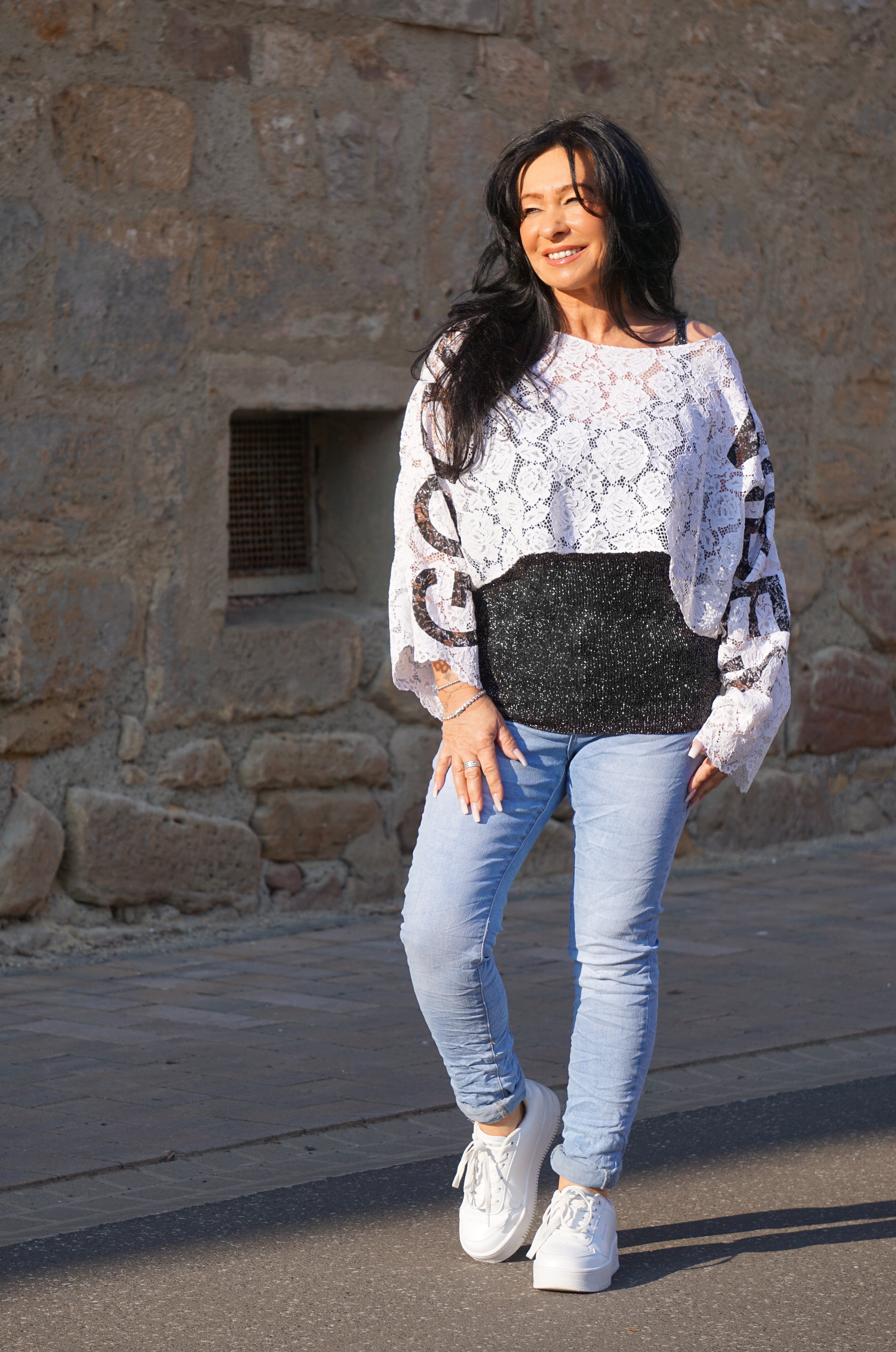 Cropped Spitzenshirt "GOOD VIBES", weiß