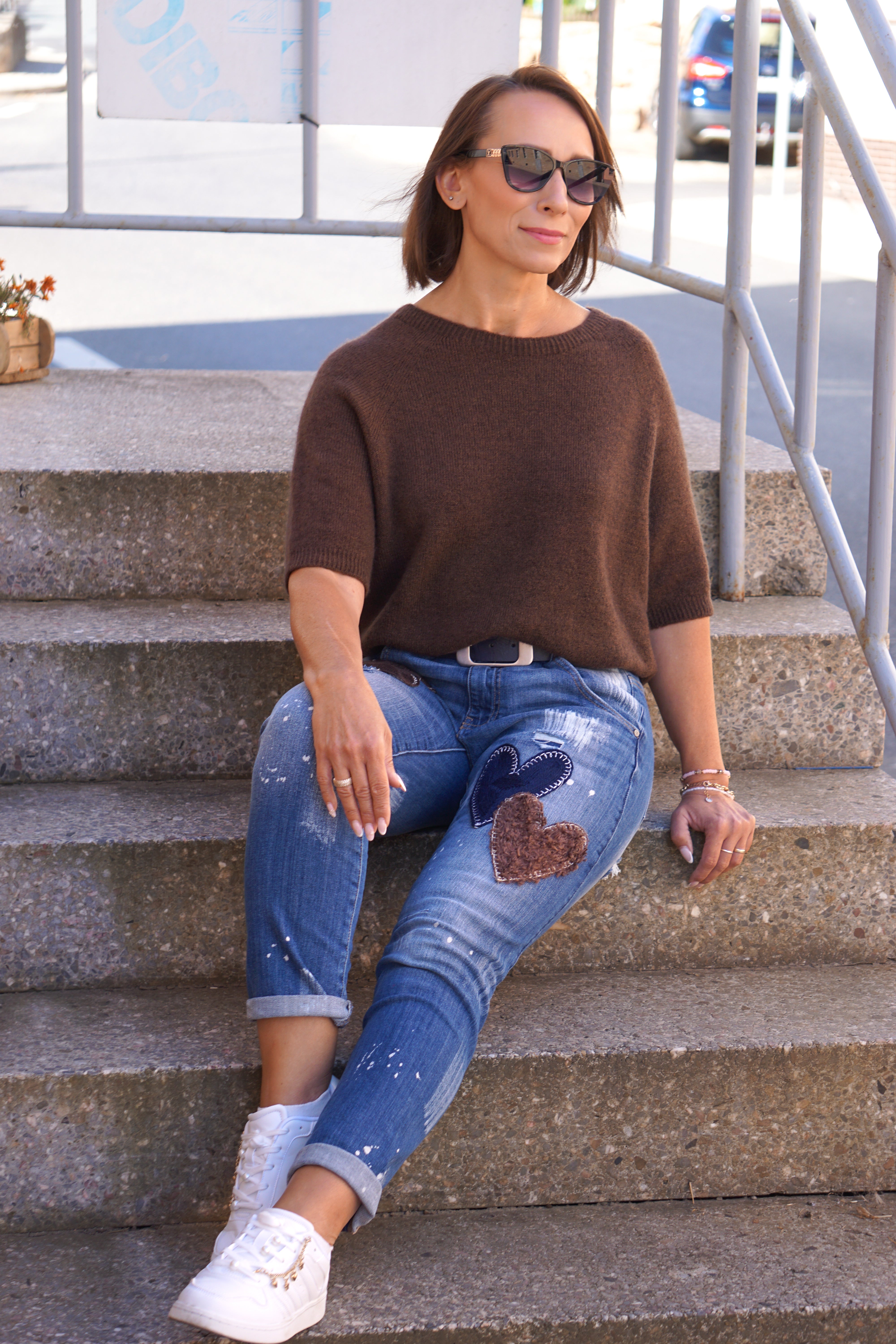 Kurzarm Strickpulli, schokobraun