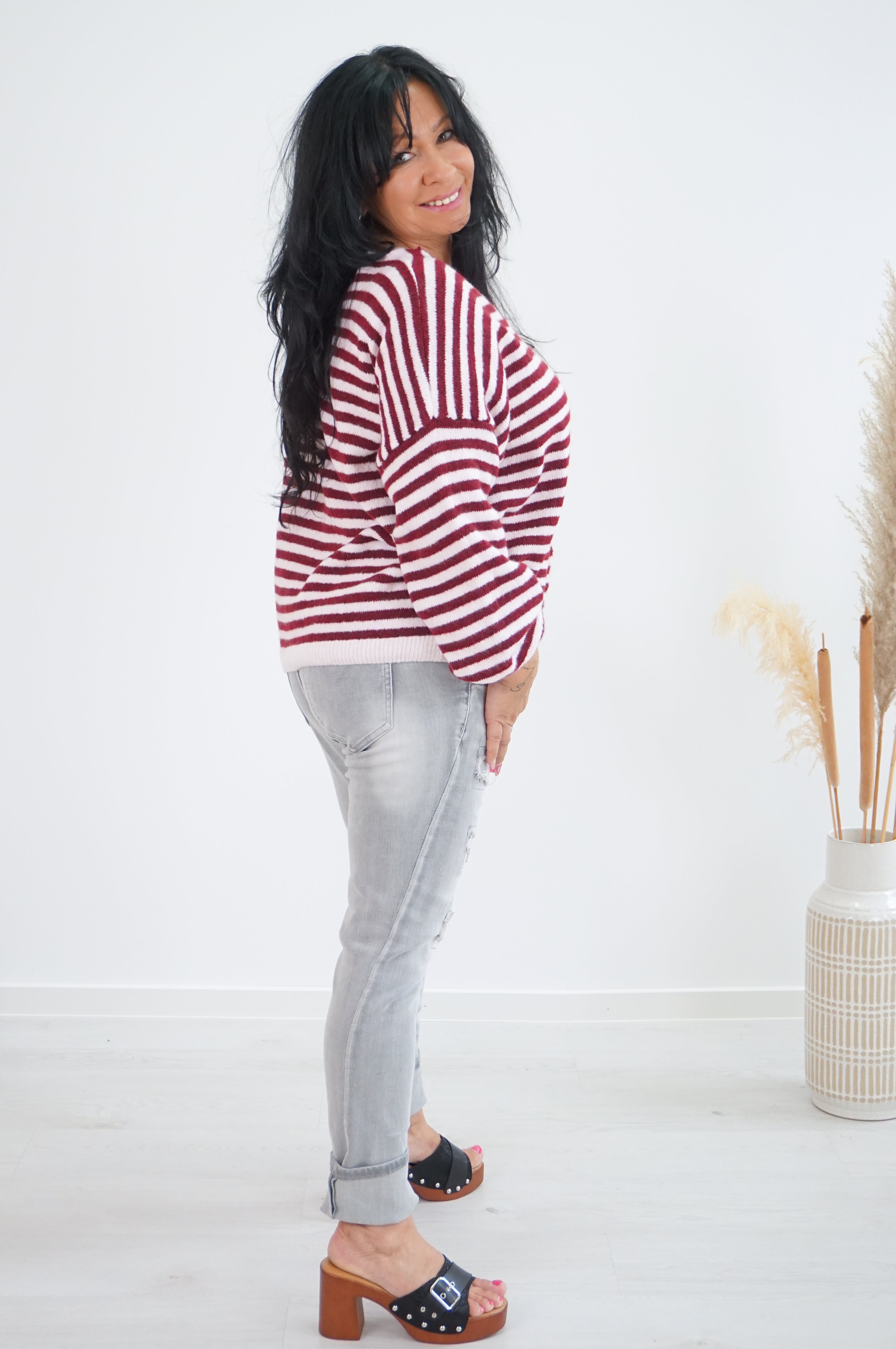Gestreifte Strickjacke, rosa/bordeaux
