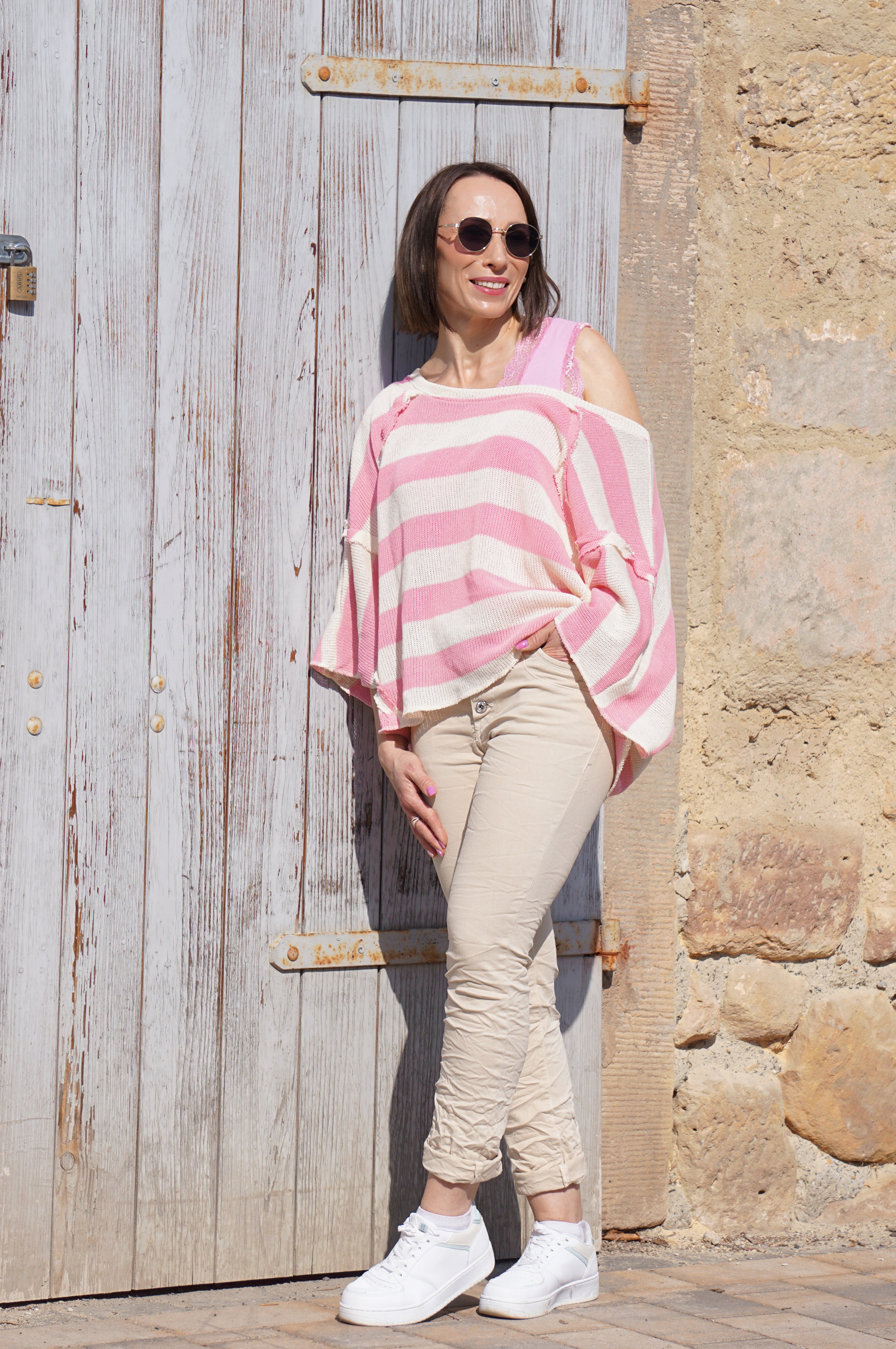 Gestreiftes kurzarm Häkelshirt „summer“, rosa/hellbeige