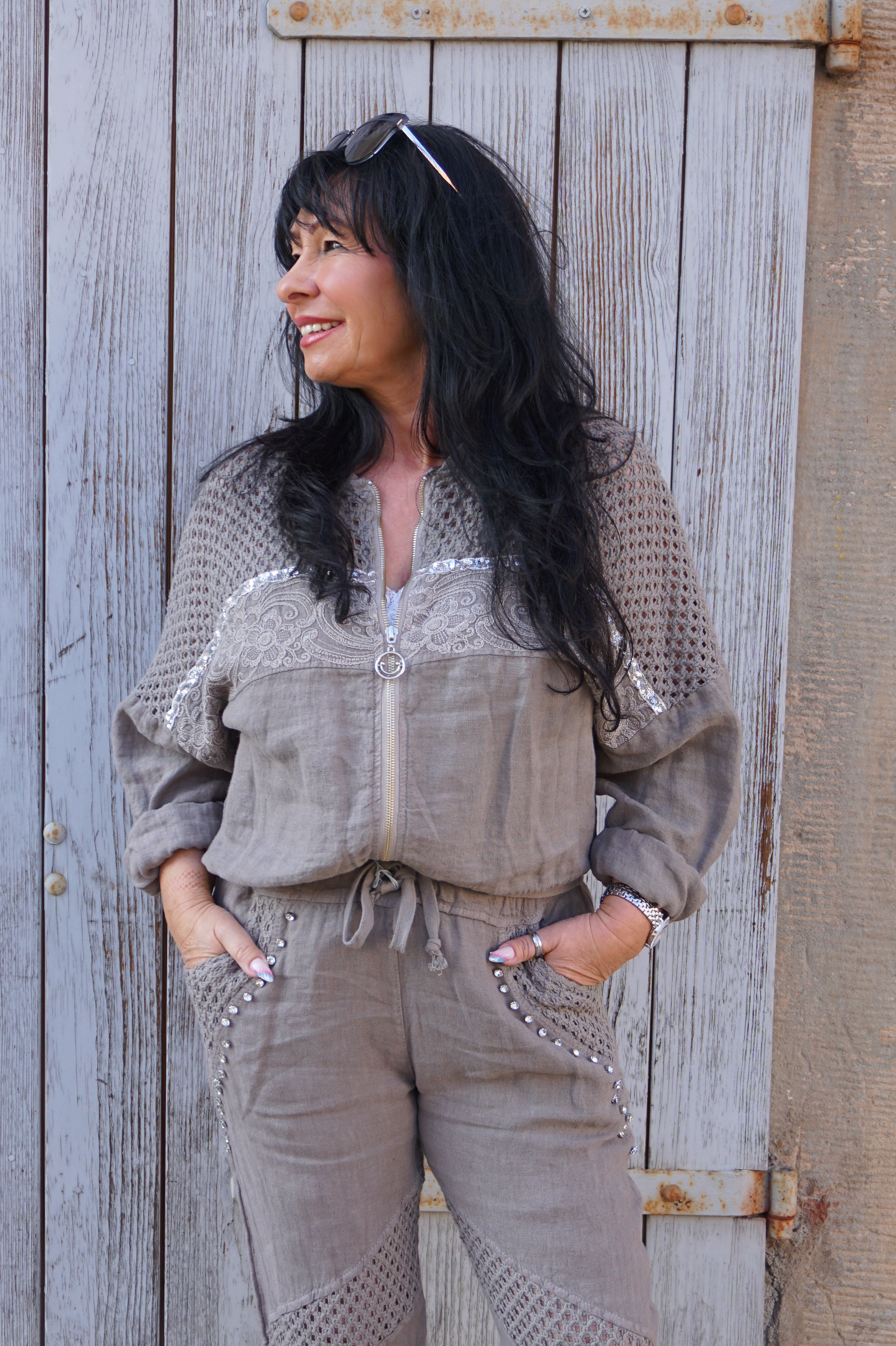 Verspielte Leinen Bomberjacke "glamour", taupe