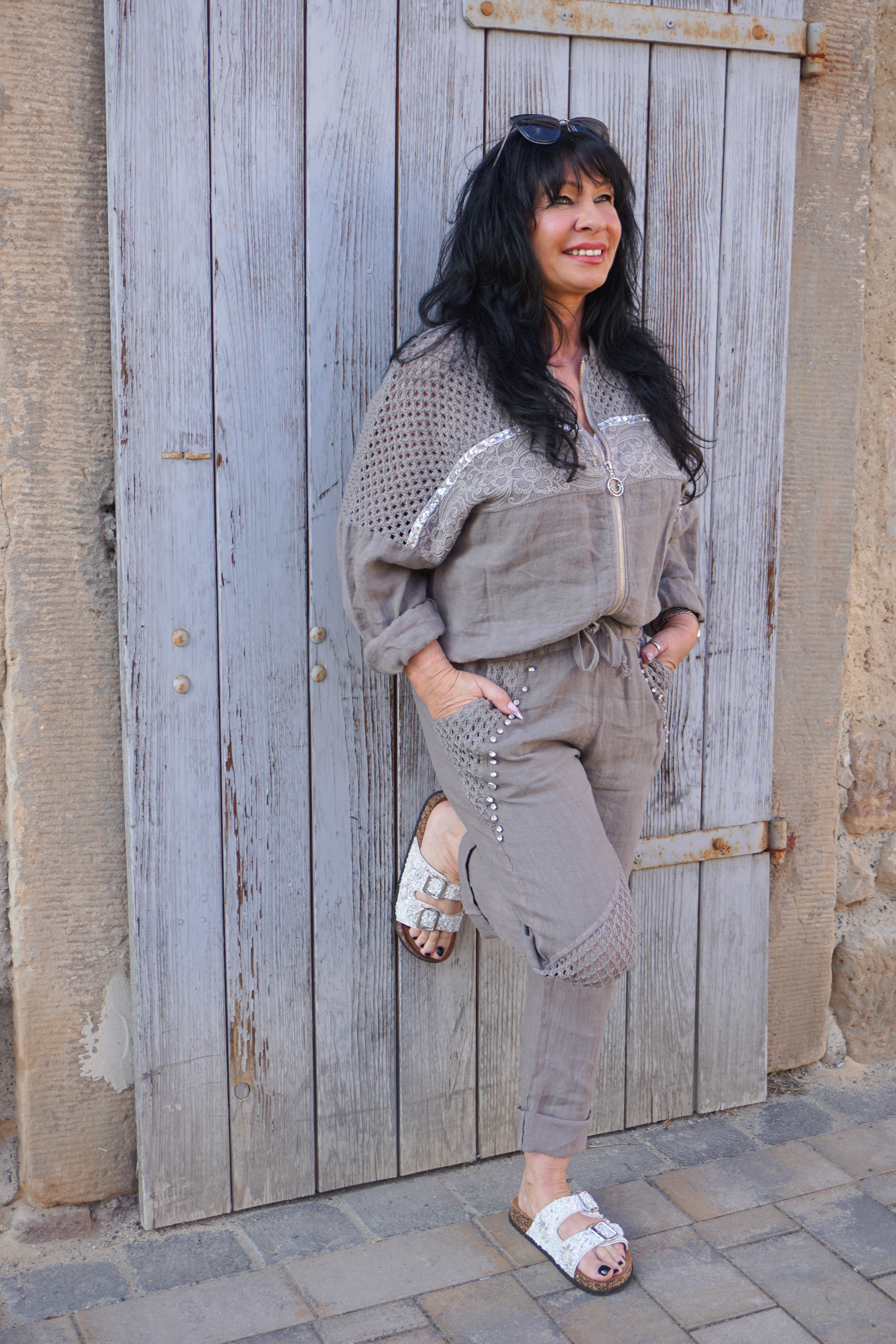 Verspielte Leinen Bomberjacke "glamour", taupe