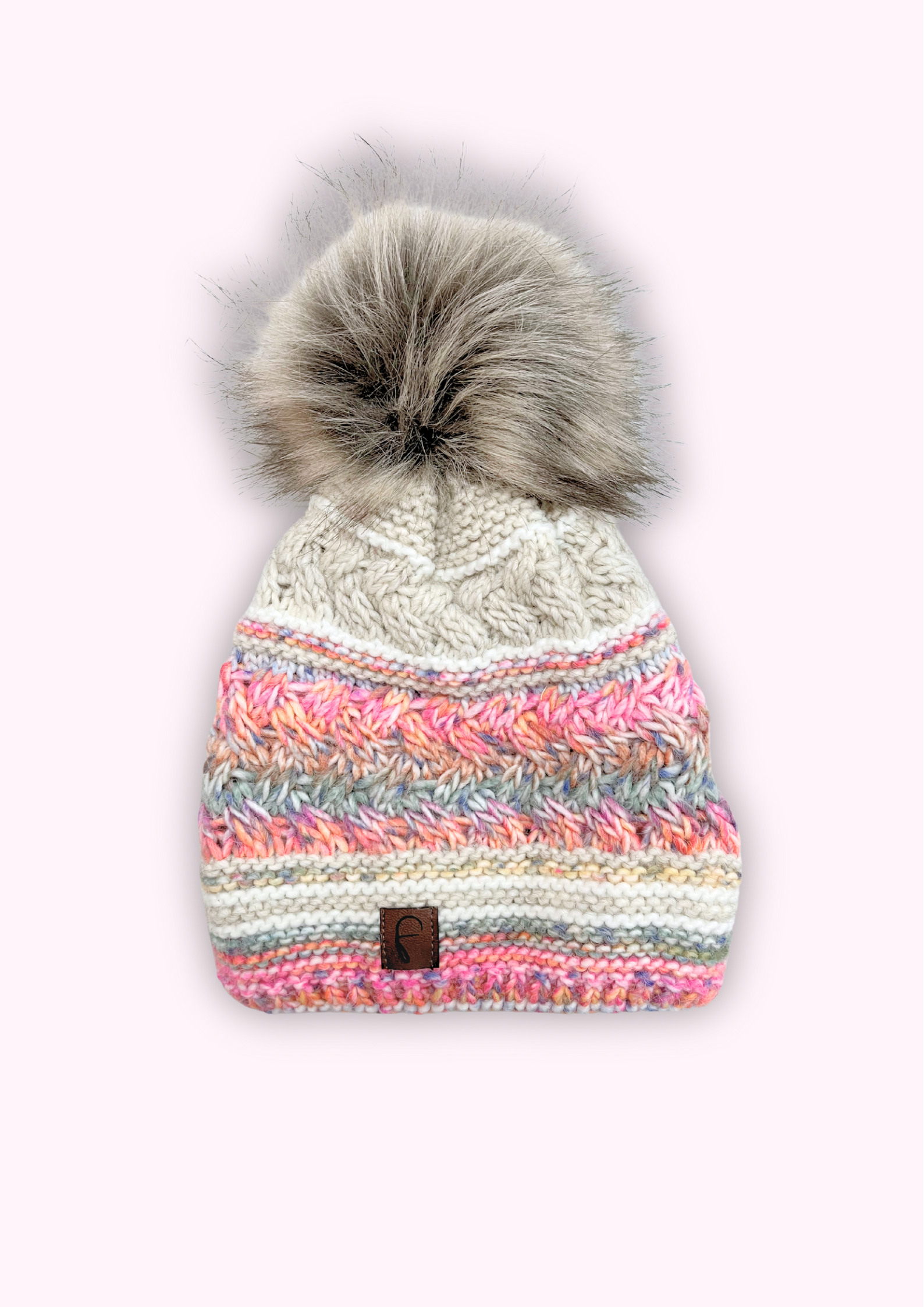 Bommelmütze, beige/bunt