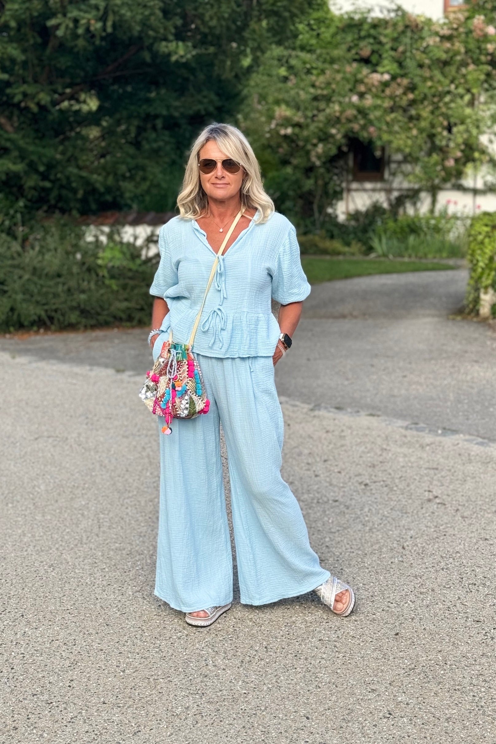 Zweiteiler Musselin Bluse 110151 hellblau