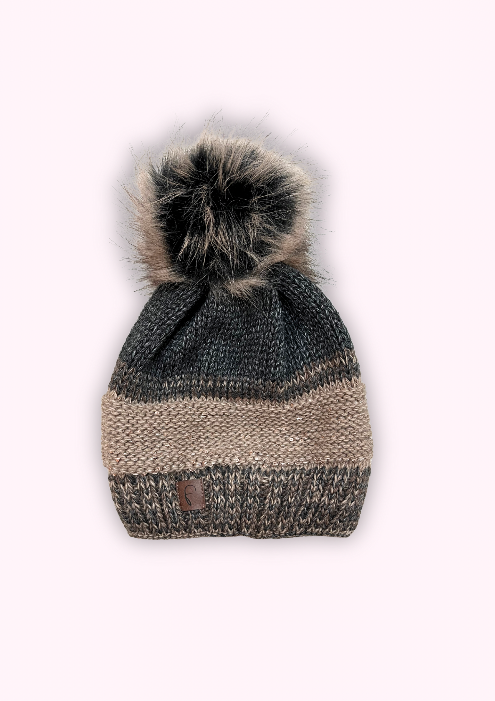 Bommelmütze mit Pailletten Details, Anthrazit/Taupe/Schokobraun