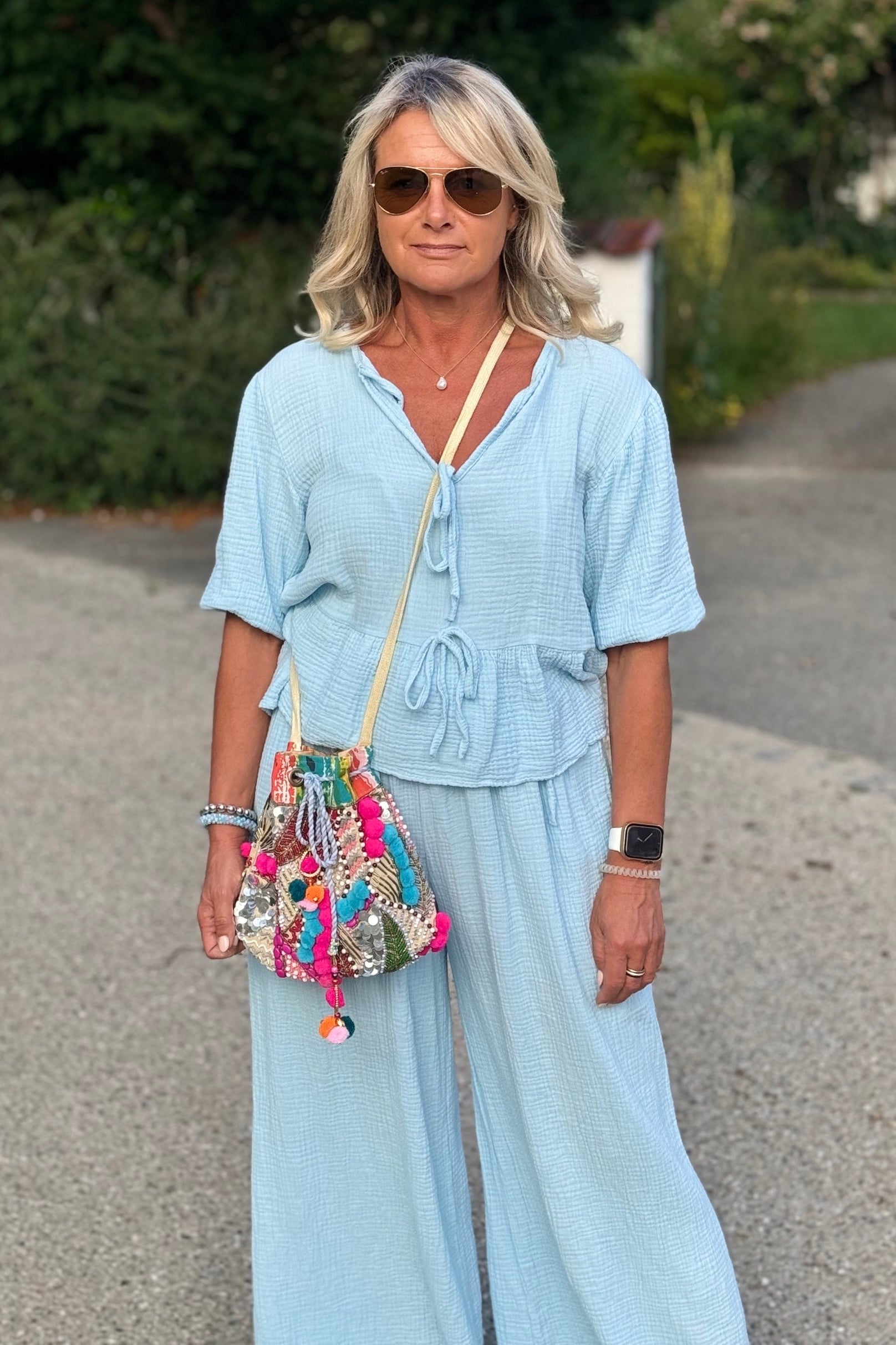 Zweiteiler Musselin Bluse 110151 hellblau