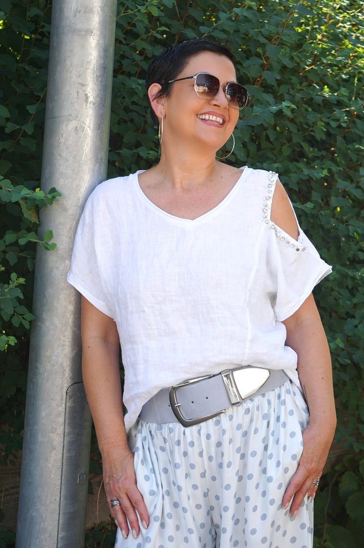 Leinen T-Shirt mit Cut-Out, weiß
