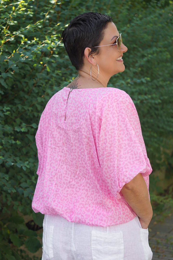 Ballon T-Shirt mit Leo Print, rosa