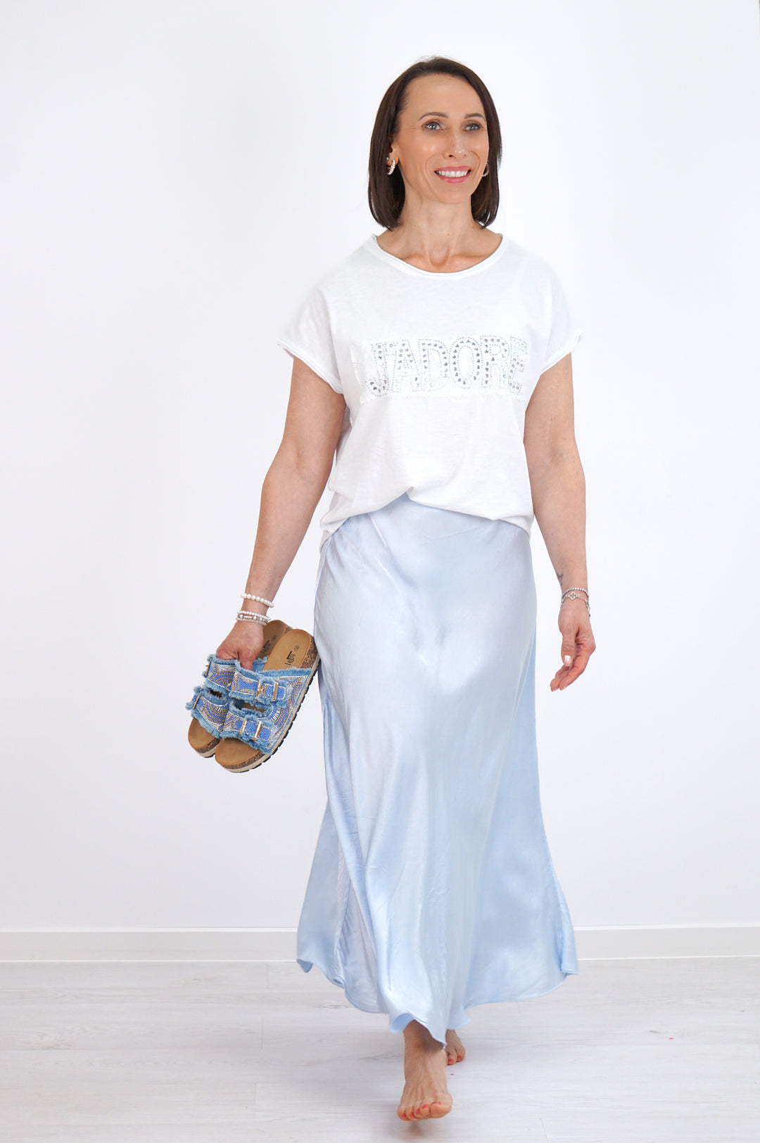 Verspielte Sandale mit Strass &amp; Perlen, jeansblau