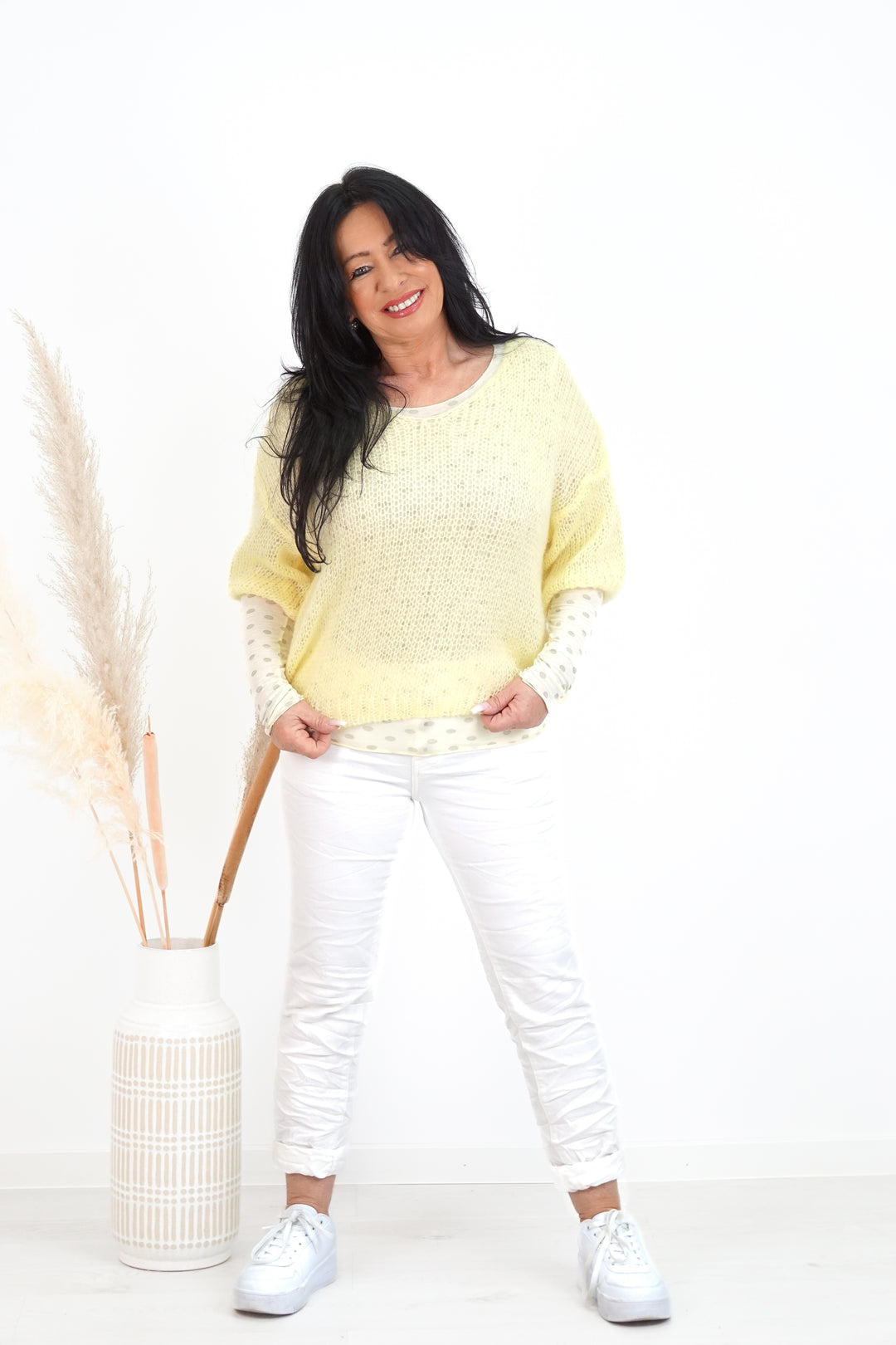 Leichter Kurzarm Strickpulli, pastellgelb