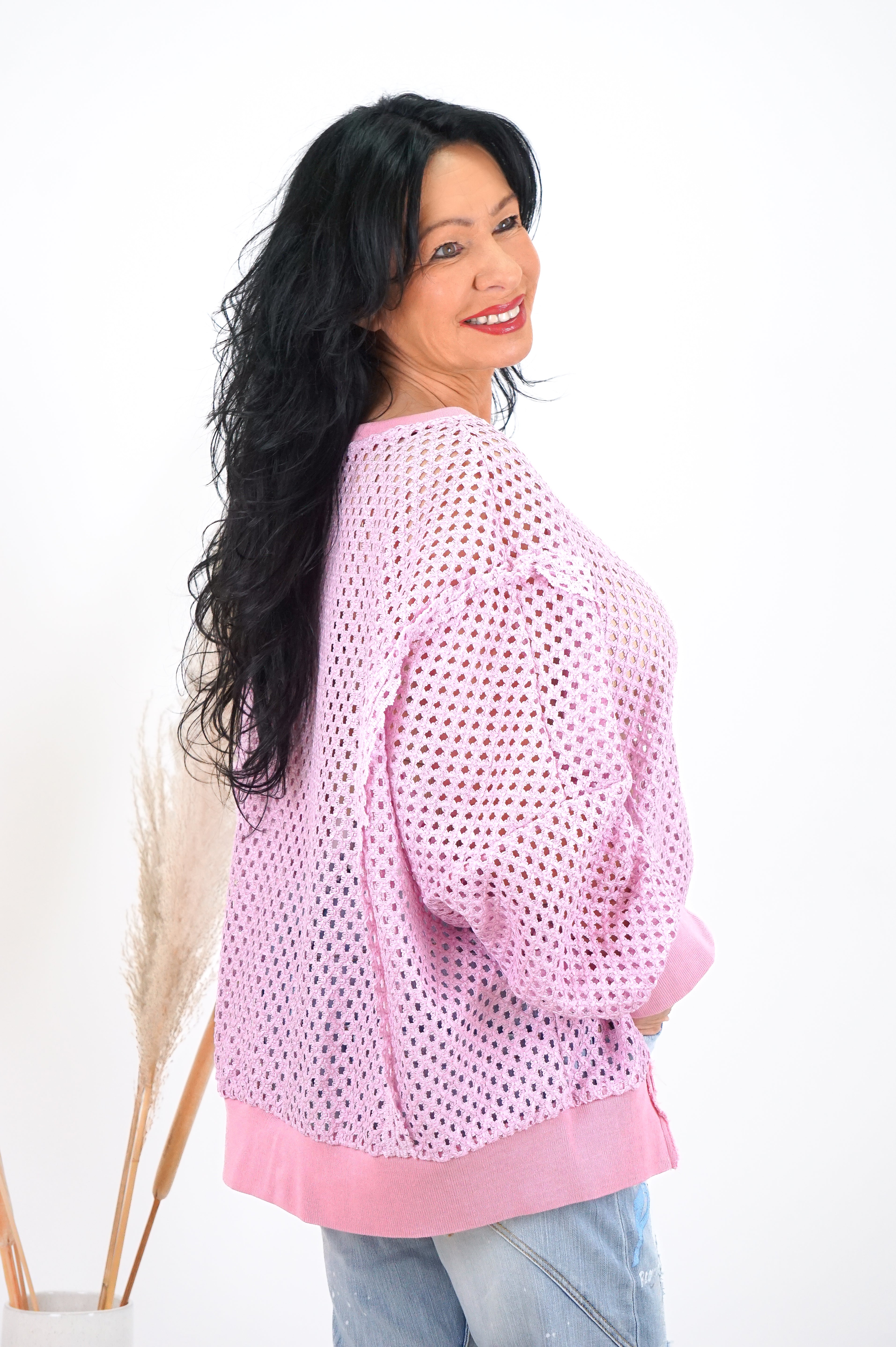 Sweatshirt mit Lochdesign und Metallic-Schimmer, Candy pink