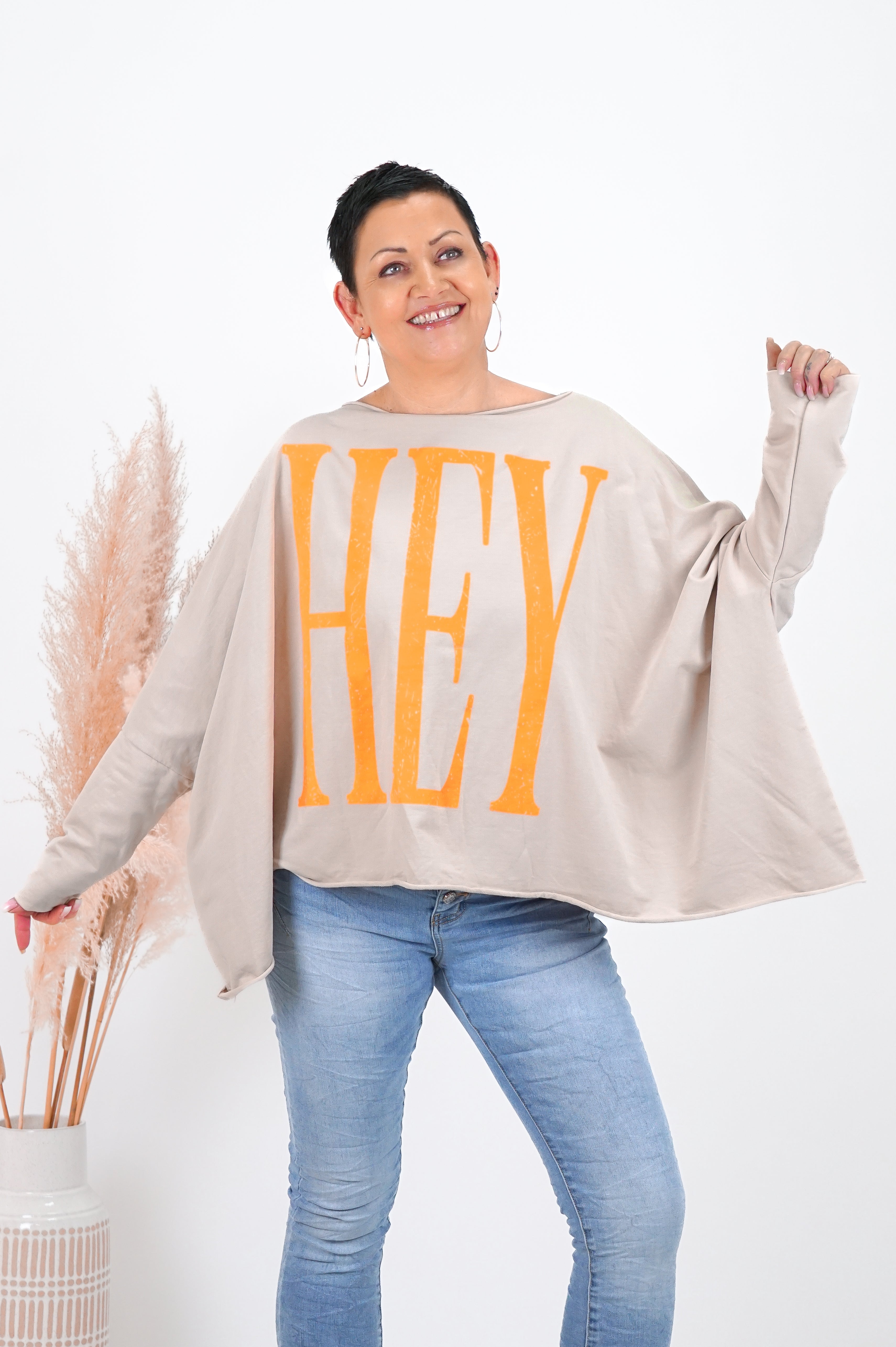 Oversize Sweatshirt „HEY YOU“, beige/orange