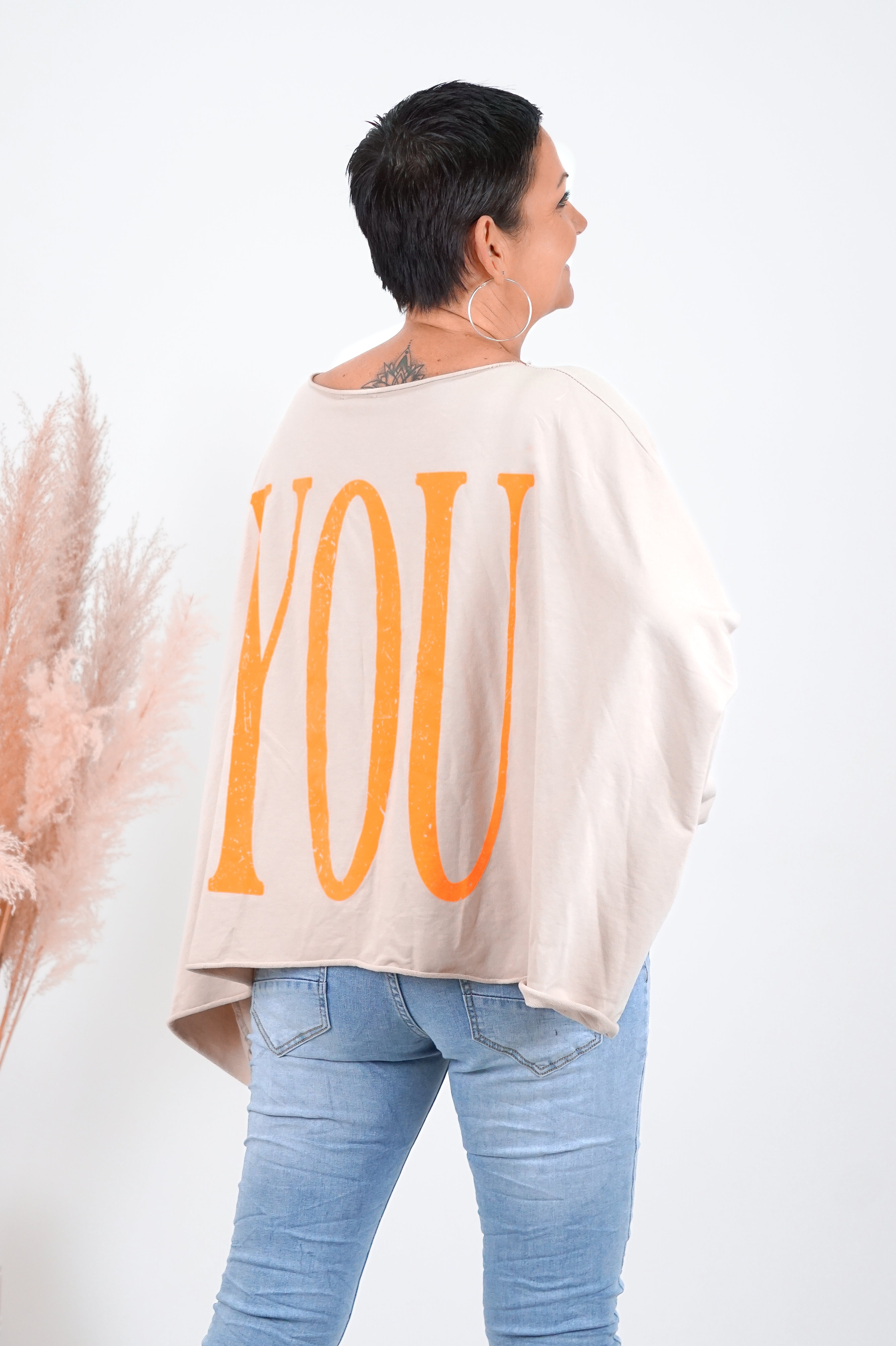 Oversize Sweatshirt „HEY YOU“, beige/orange