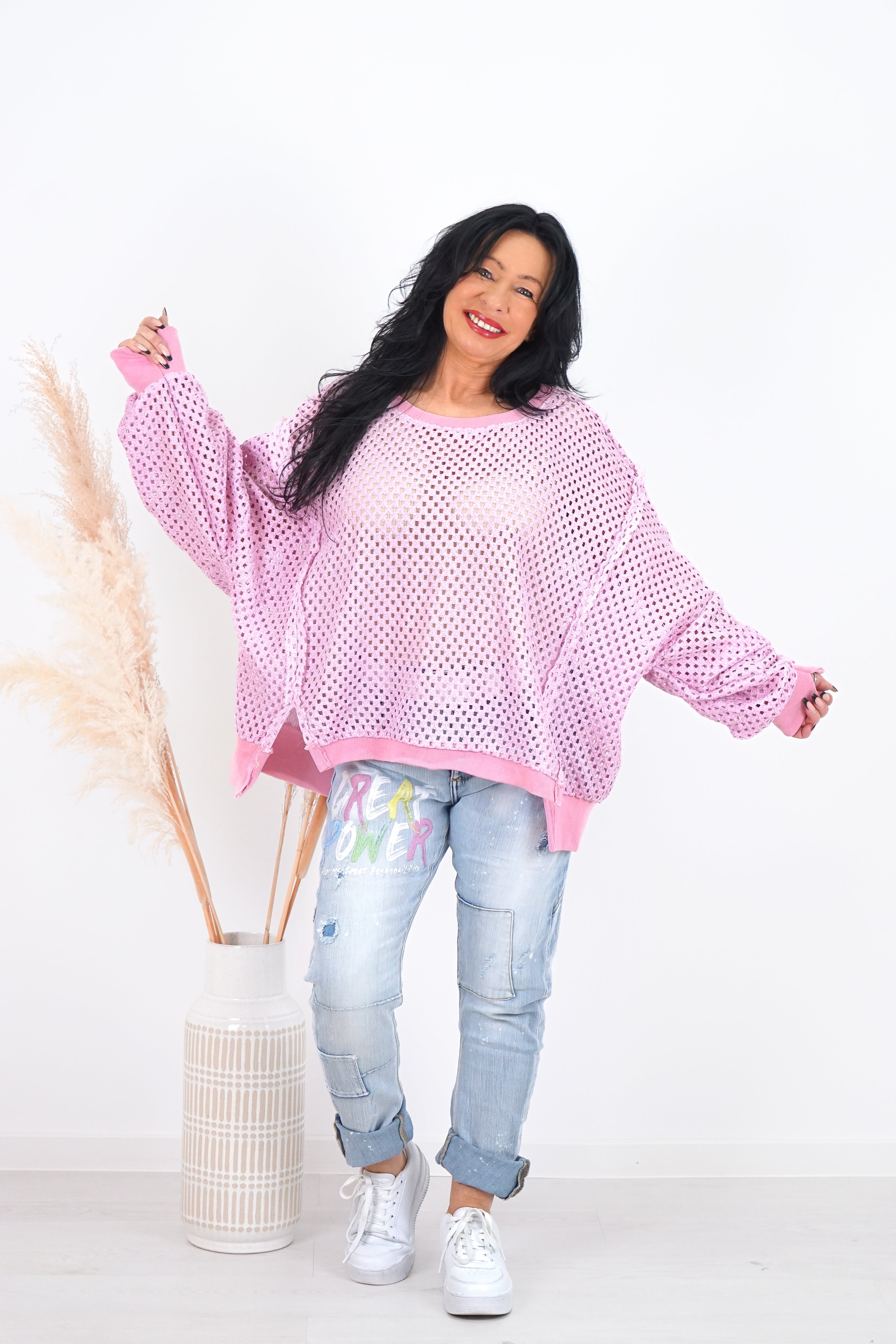 Sweatshirt mit Lochdesign und Metallic-Schimmer, Candy pink
