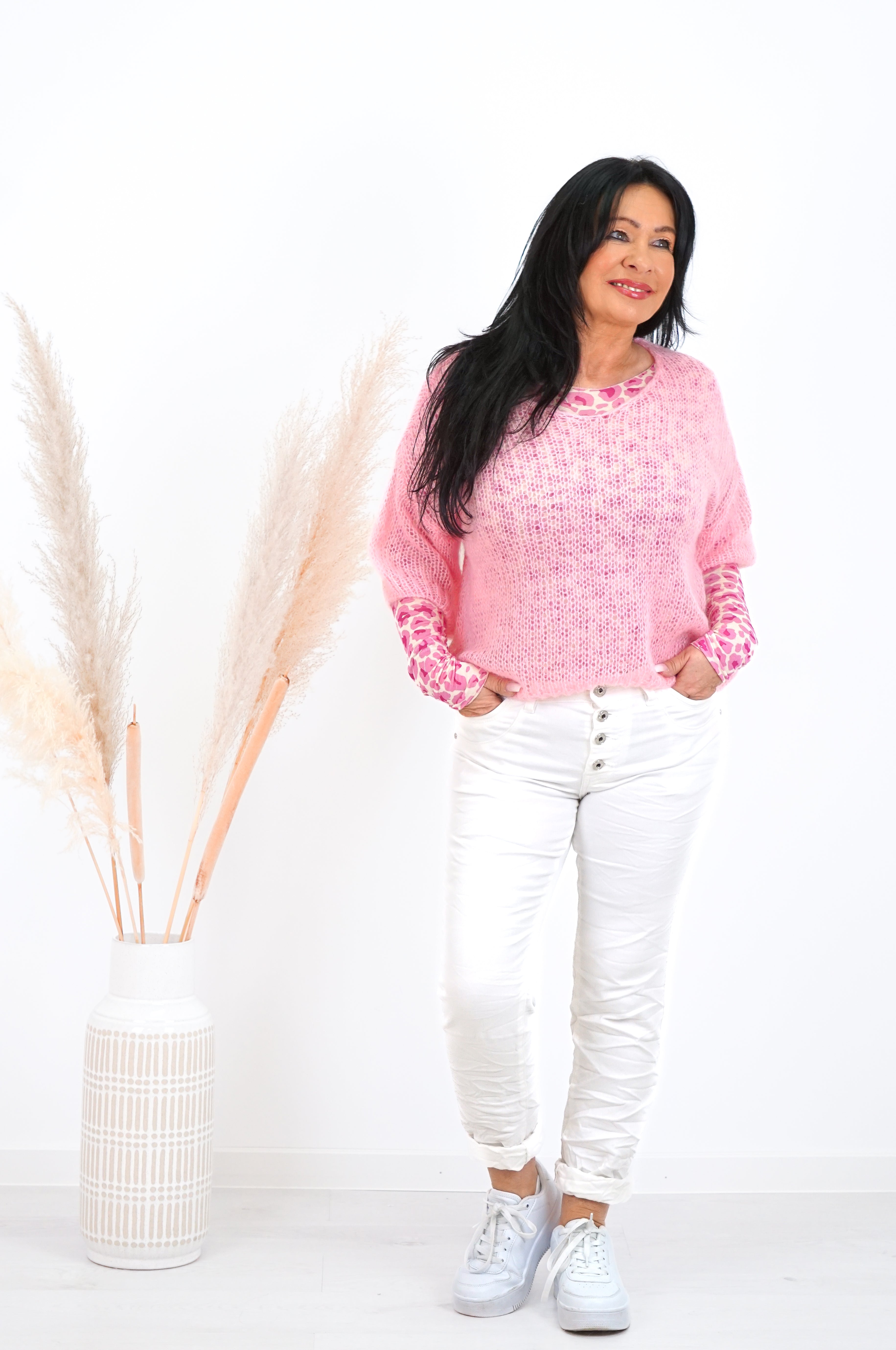 Leichter Kurzarm Strickpulli, rosa