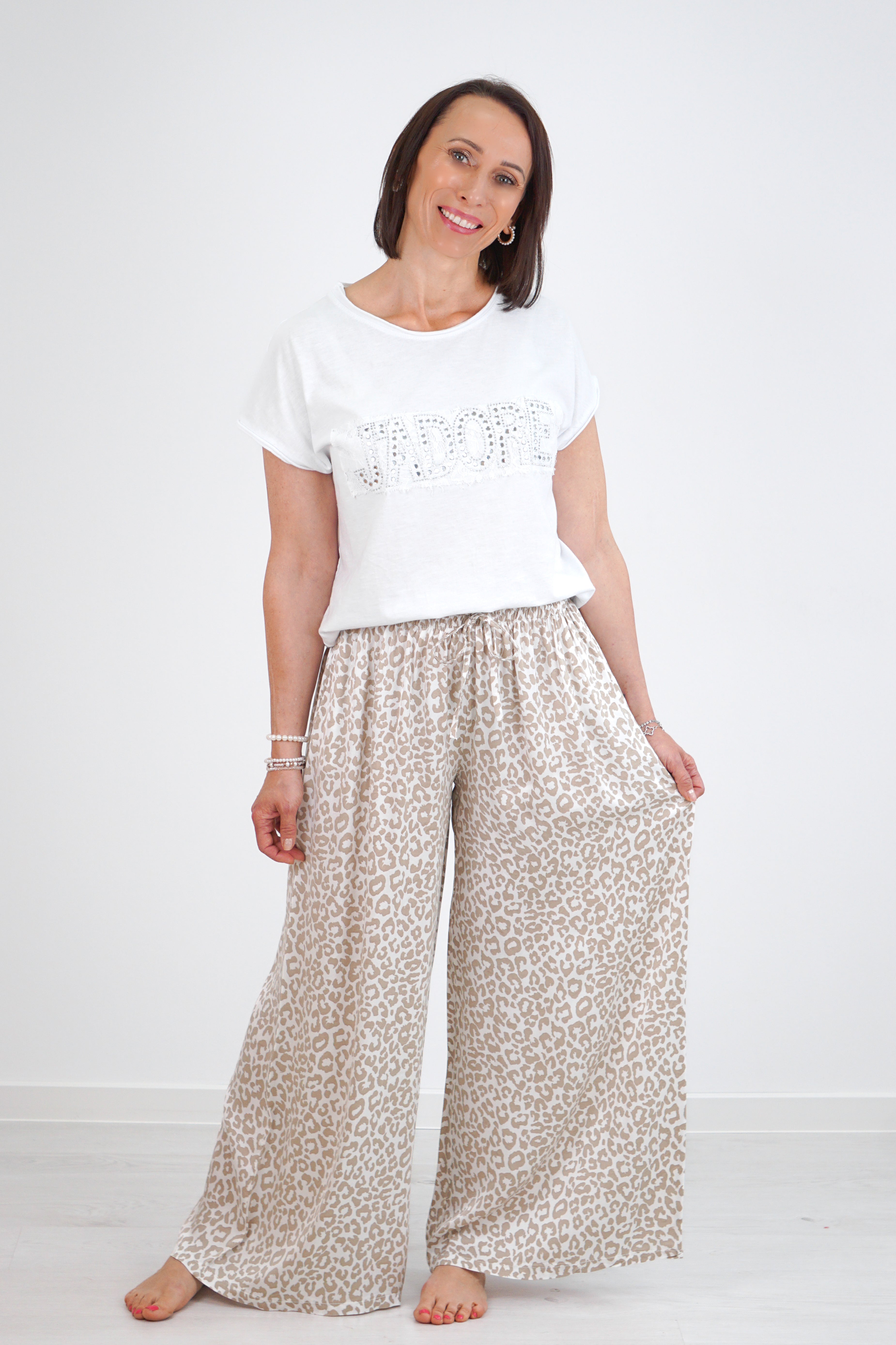 Satin Marlene mit Seide und Leo Print, beige