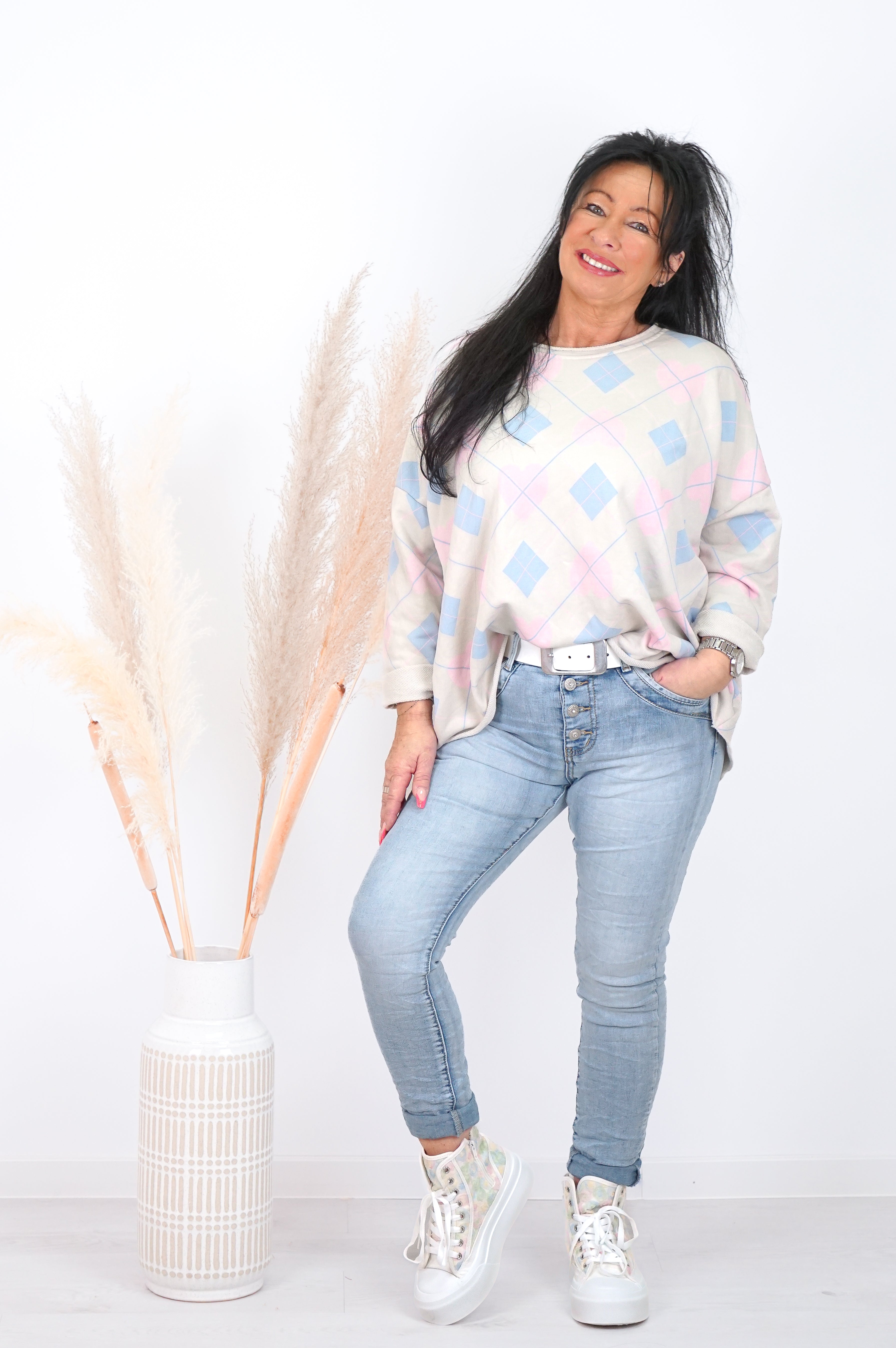 Langarmshirt „Argyle-Love", beige