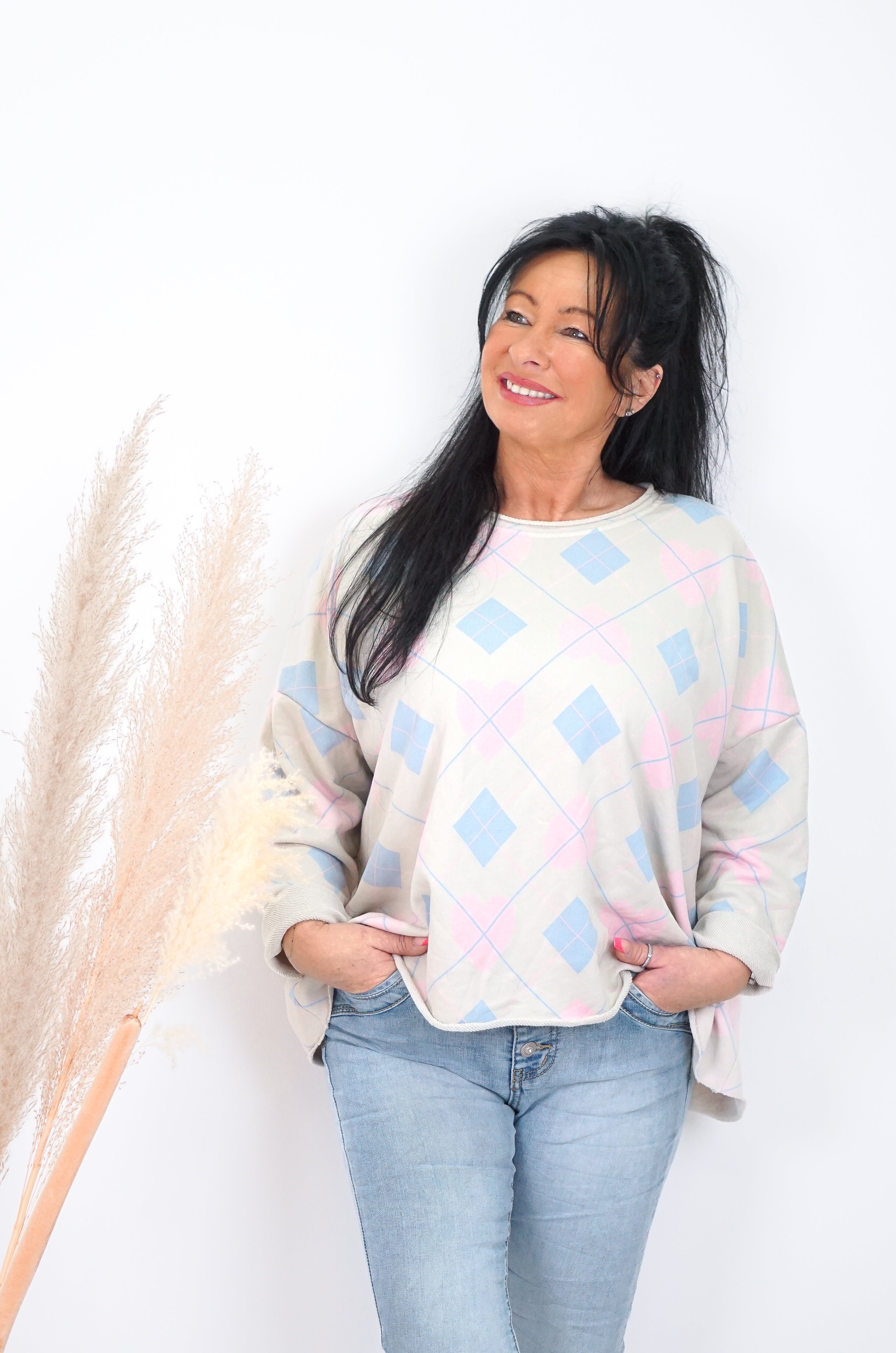 Langarmshirt „Argyle-Love", beige