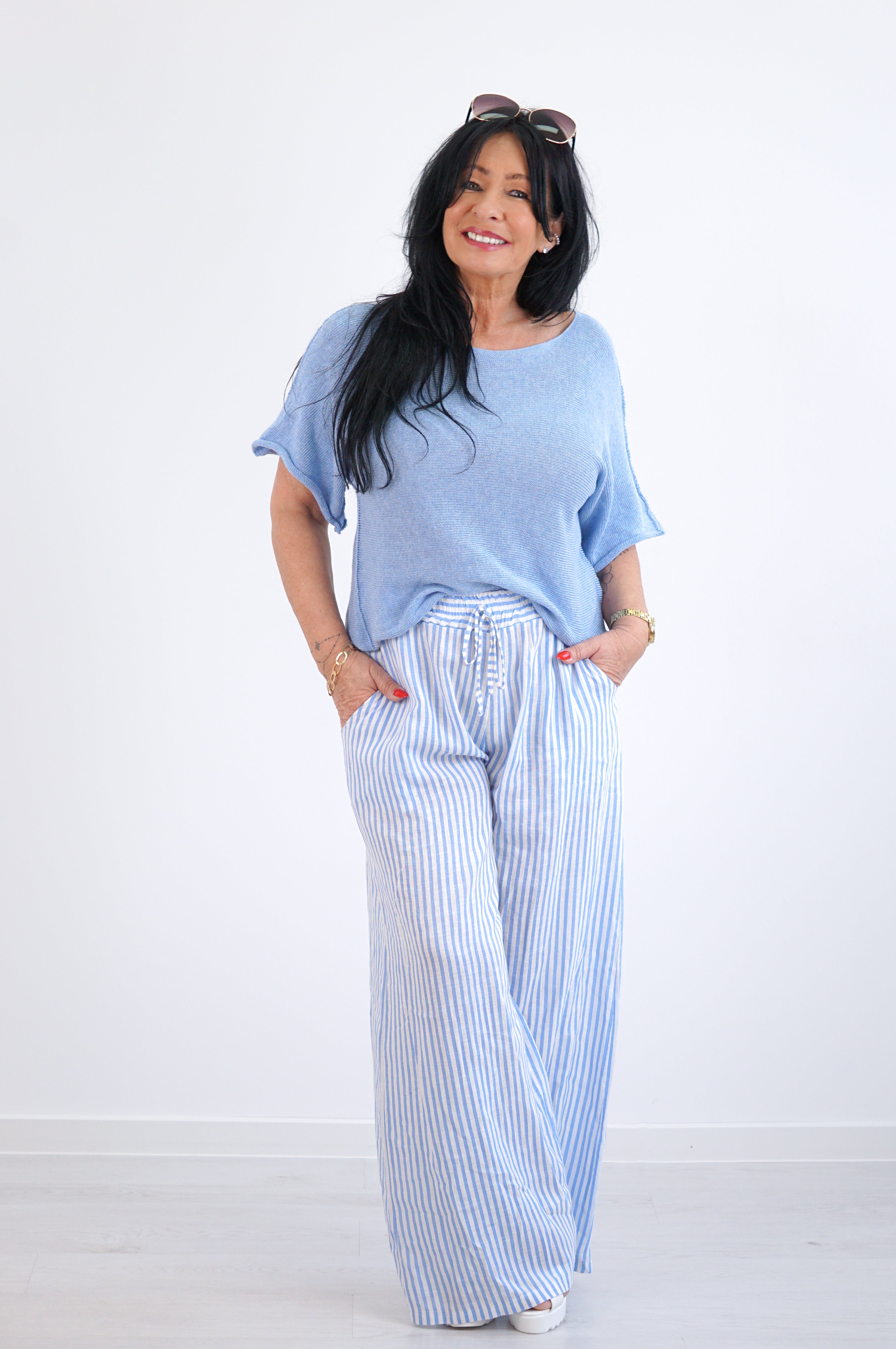 Leichtes kurzarm Häkelshirt, blau